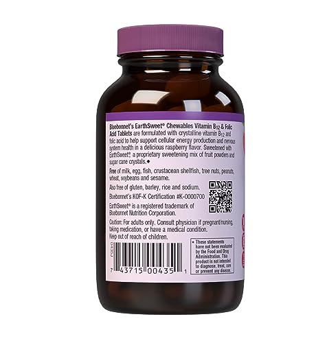 Bluebonnet EarthSweet Vitamin B12 1000 mcg & Folic Acid 400 mcg โ Brain Health & Energy for Women & Men โ Vegan, Gluten-Free Raspberry, 180 Chewable Tablets
