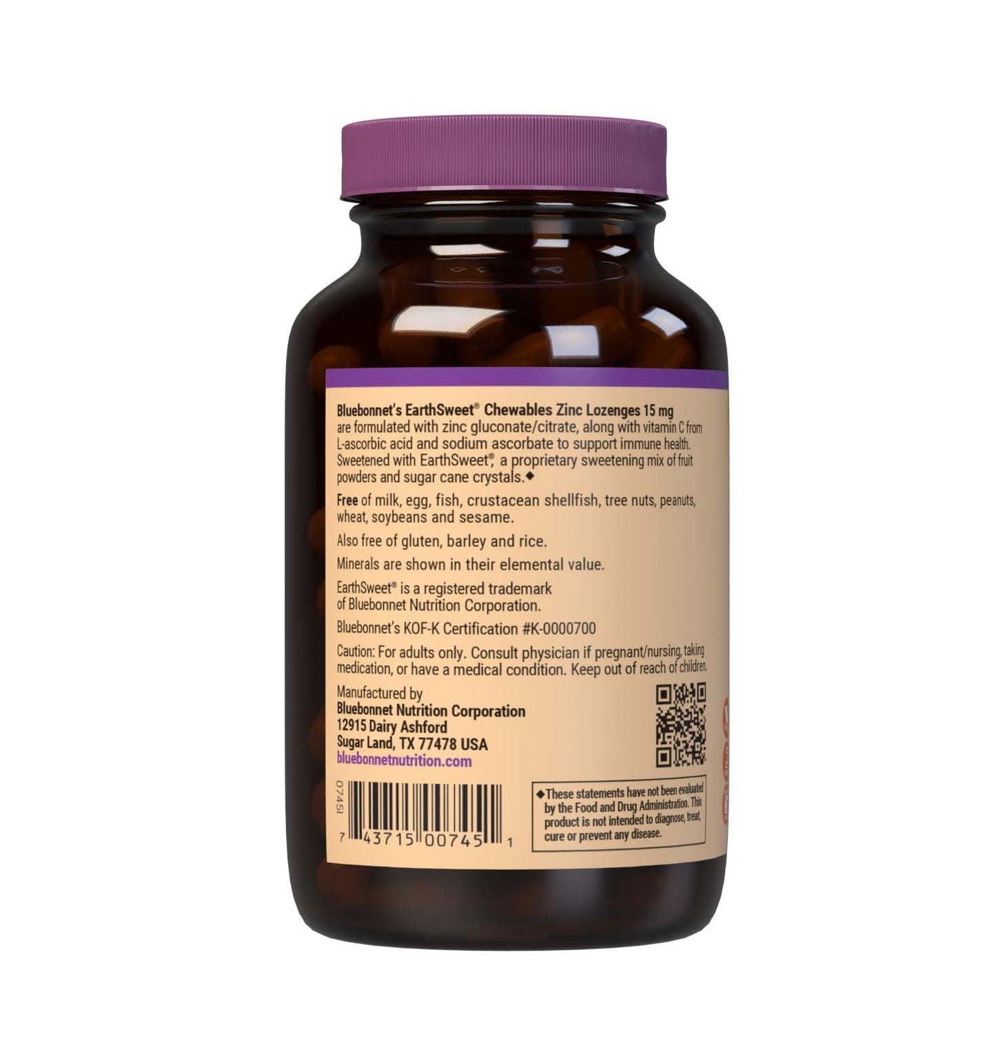 Bluebonnet EarthSweet Zinc Lozenges 15 mg + 100 mg Vitamin C โ Orange Flavor, 60 Lozenges