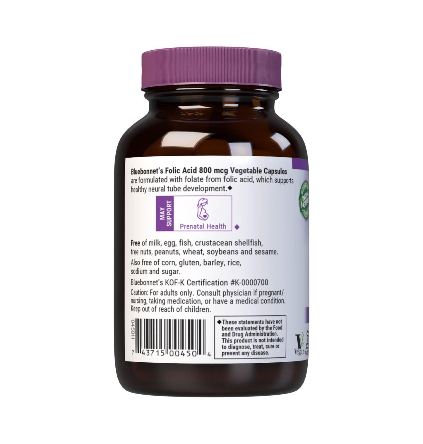 BlueBonnet Nutrition Folic Acid 800 mcg Vegetable Capsules โ Non-GMO, Vegan, Kosher, Gluten-Free