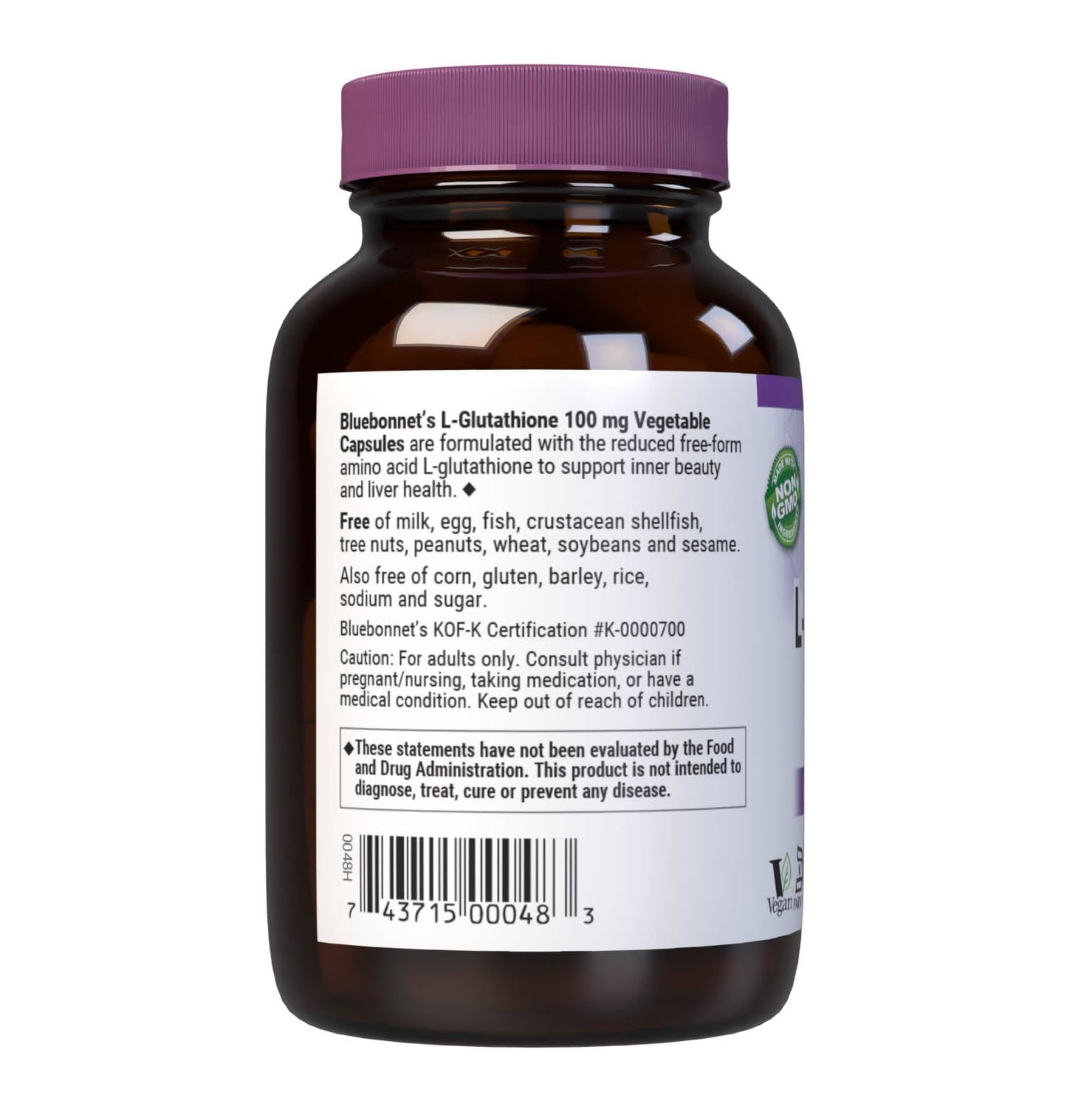 Bluebonnet L-Glutathione 100 mg โ Free-Form, Vegan, Soy & Gluten Free (30 Veg Capsules)