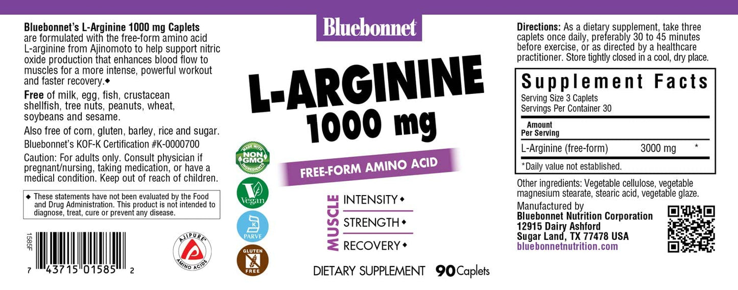 BlueBonnet L-Arginine 1000 mg Caplets โ 90 Count | Nitric Oxide Support