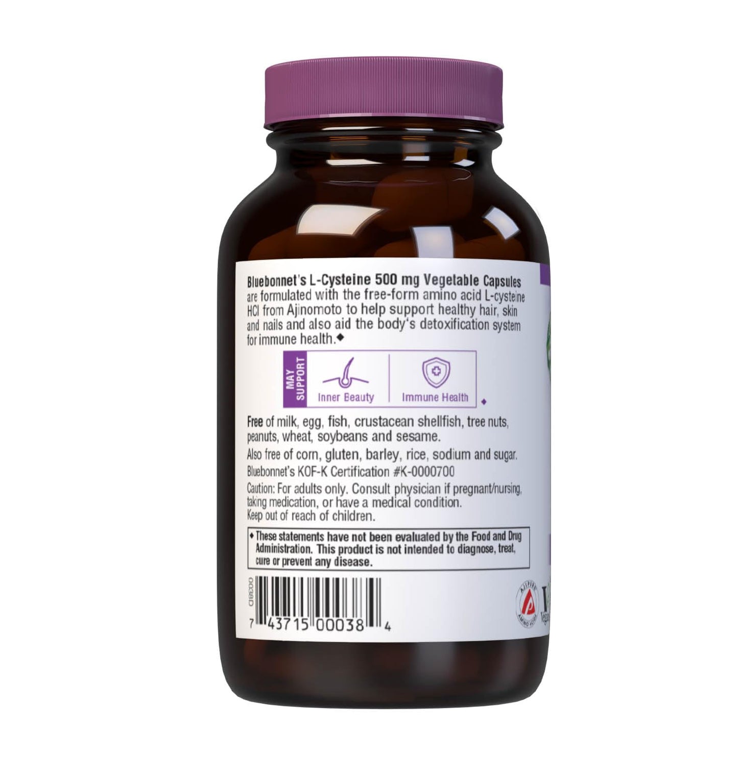 Bluebonnet L-Cysteine 500mg โ Free-Form Amino Acid | Vegan & Kosher, Non-GMO | 60 Veg Capsules