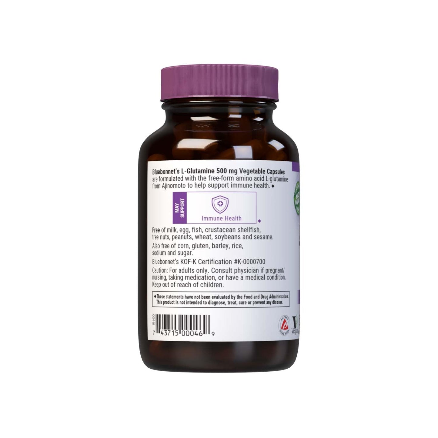 Bluebonnet L-Glutamine 500 mg Veg Capsules โ 100 Servings, Vegan, Kosher, Non-GMO, Soy-Free, Gluten-Free