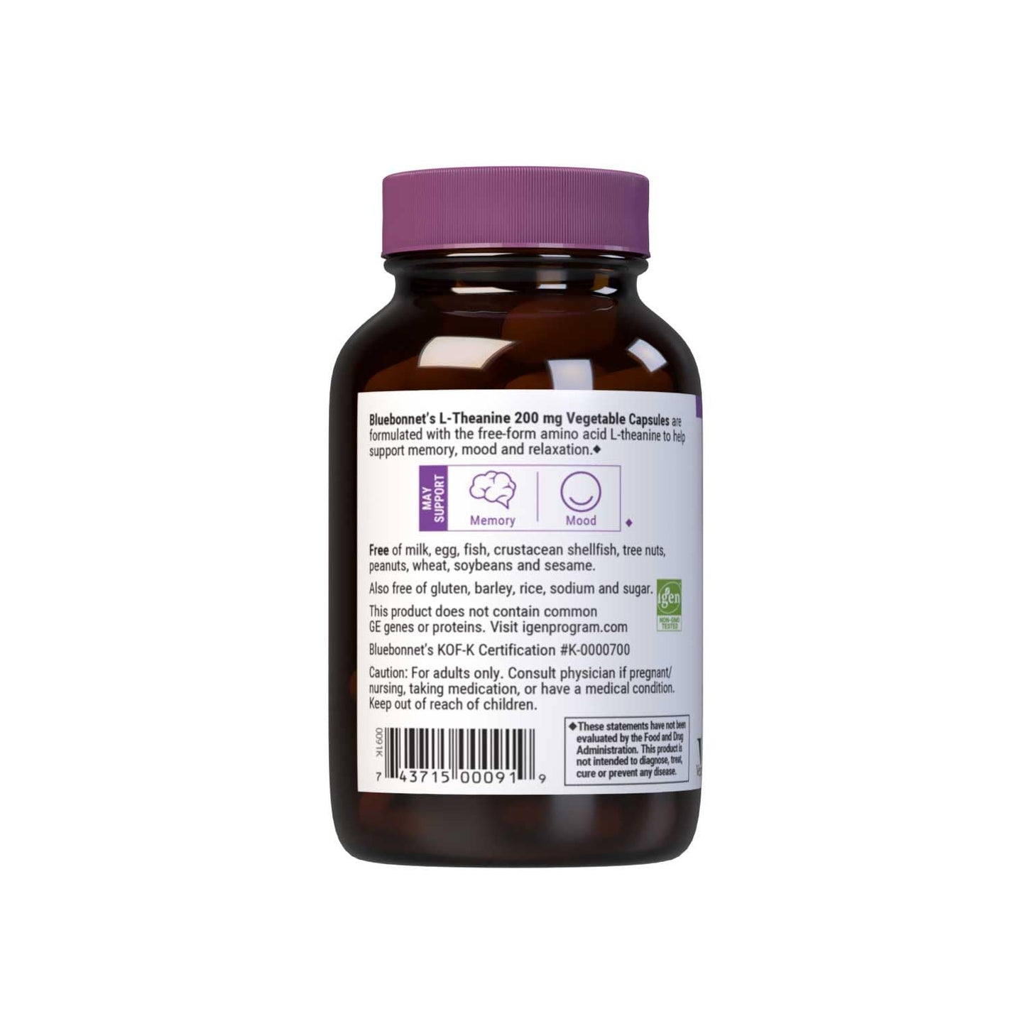 BlueBonnet L-Theanine 200mg β Free-Form Amino Acid, 60 Veg Capsules (Pack of 2)