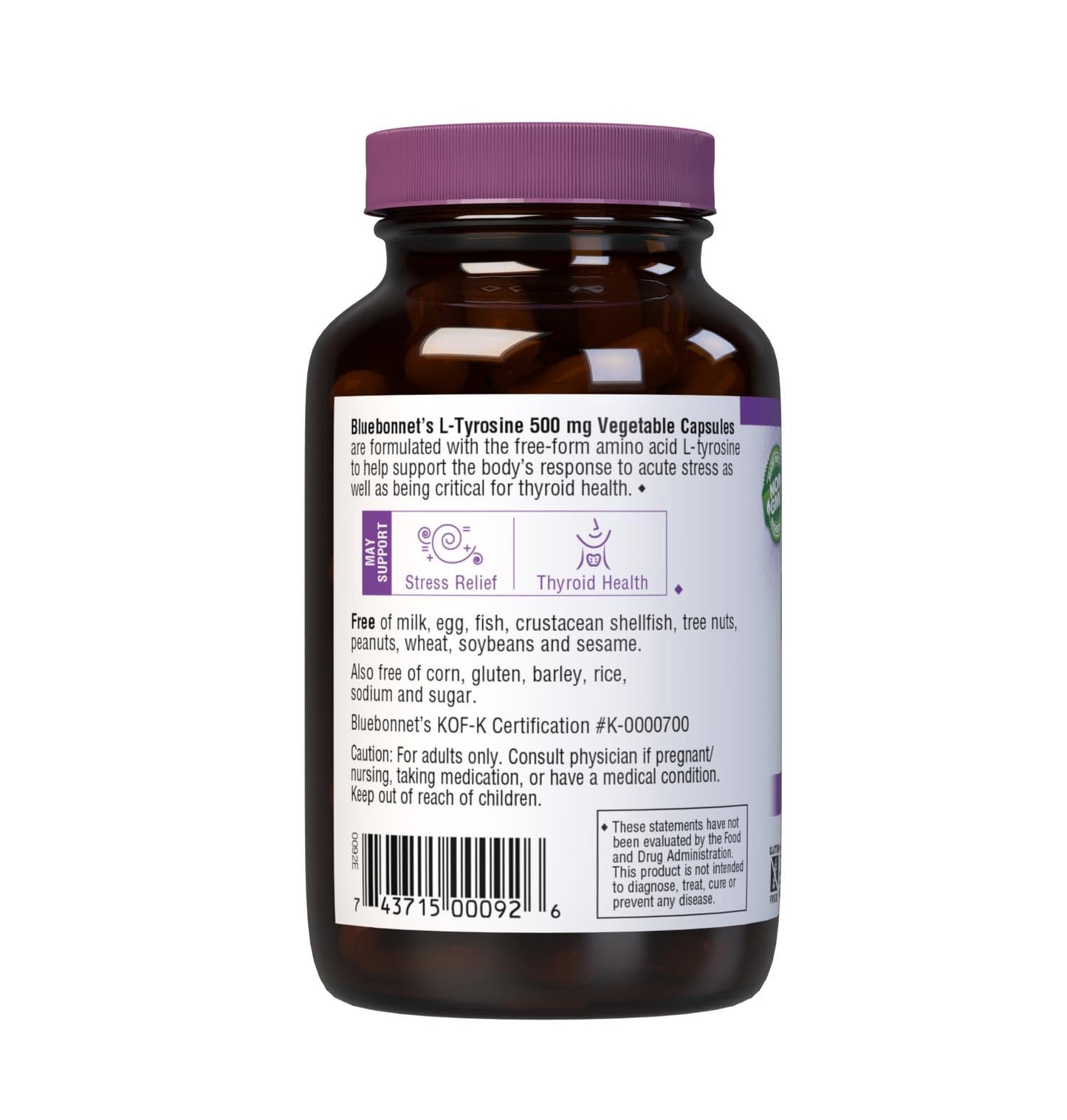 Bluebonnet L-Tyrosine 500 mg Capsules โ 100 Count | Stress & Thyroid Support
