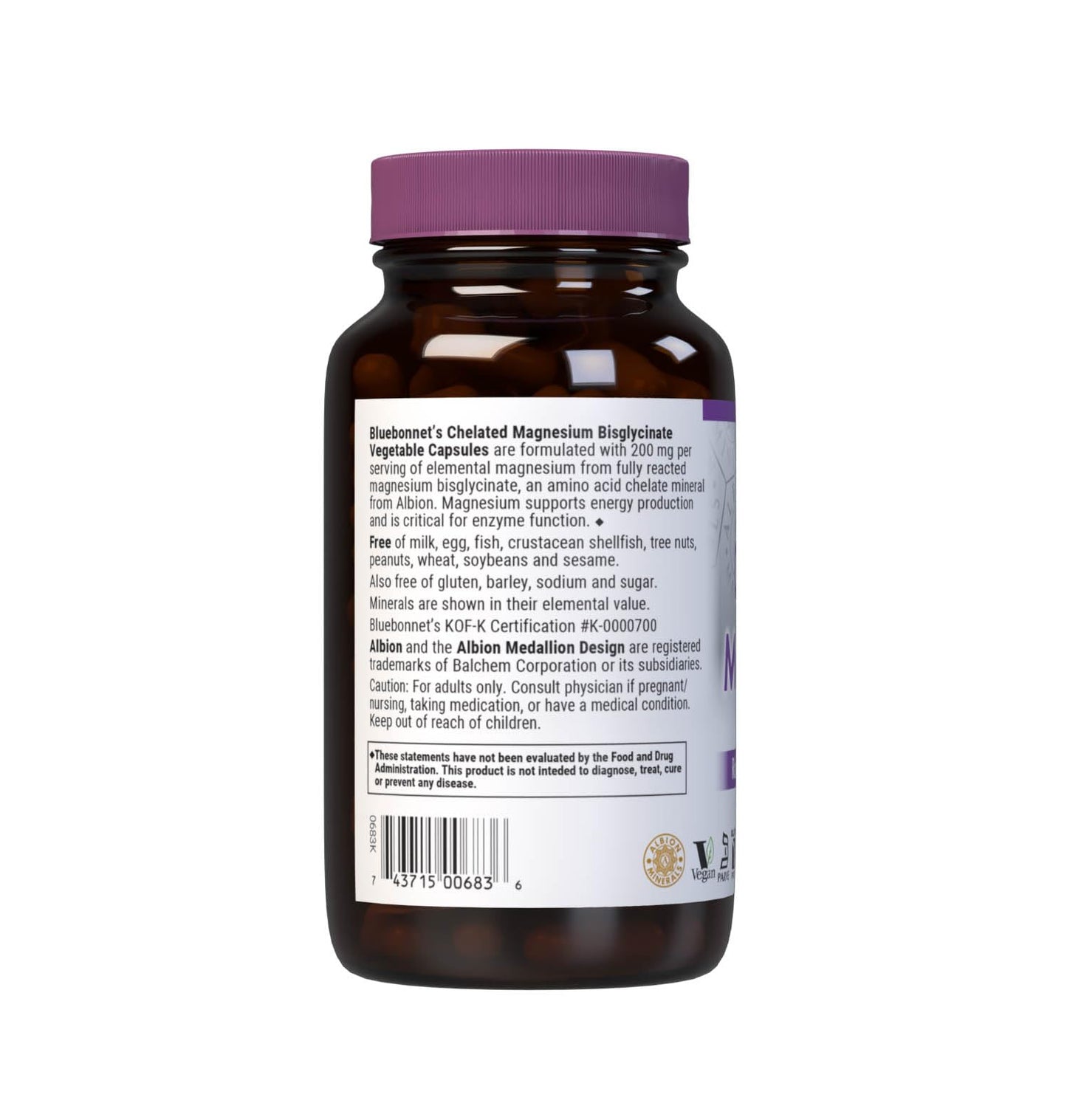Bluebonnet Nutrition Albion Chelated Magnesium 200 mg โ 120 Veggie Caps, Vegan, Kosher