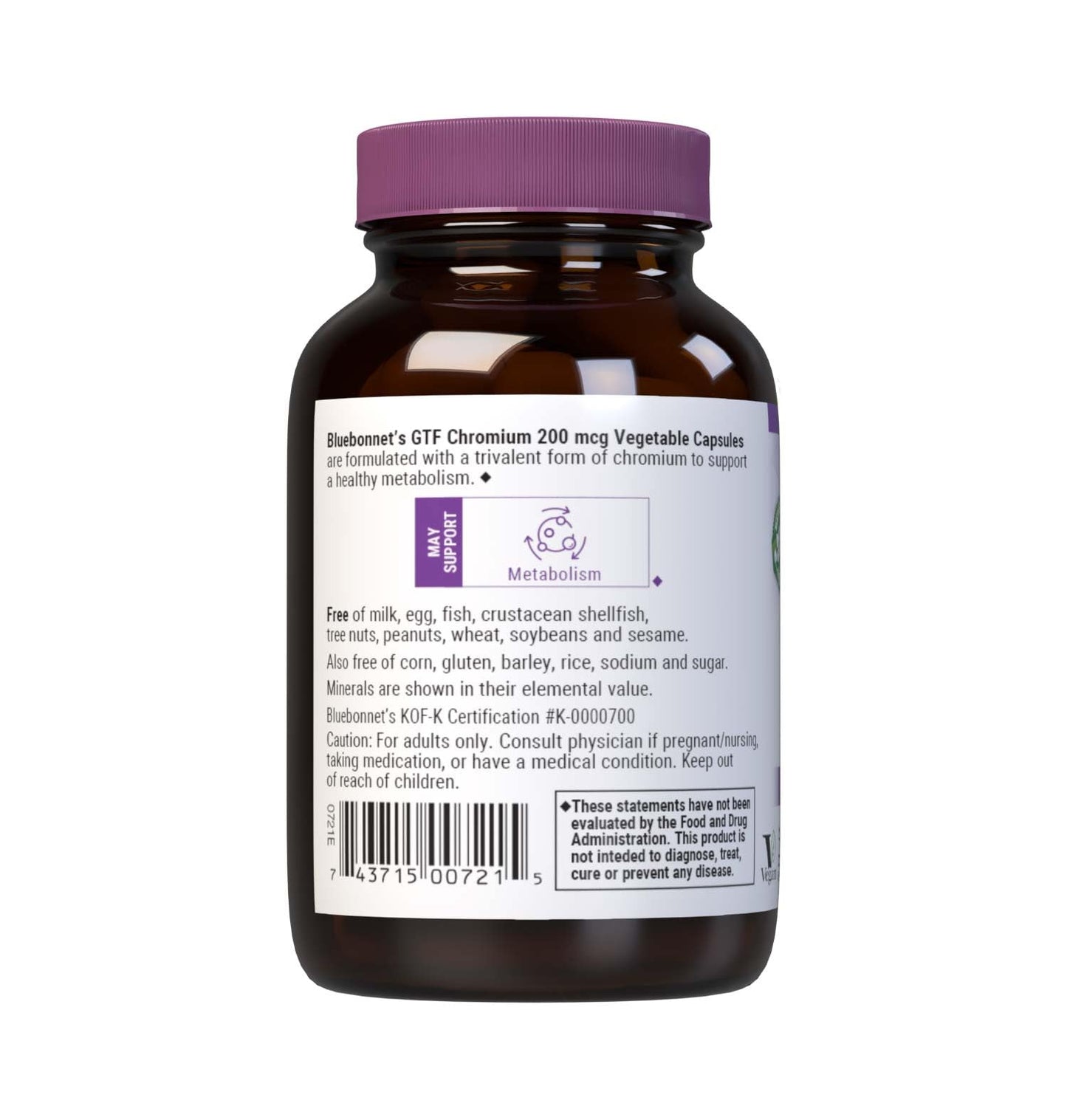 Bluebonnet Nutrition GTF Chromium 200 mcg โ Soy Free, Gluten Free, Non-GMO, Kosher Certified, Dairy-Free | 100 Vegetable Capsules
