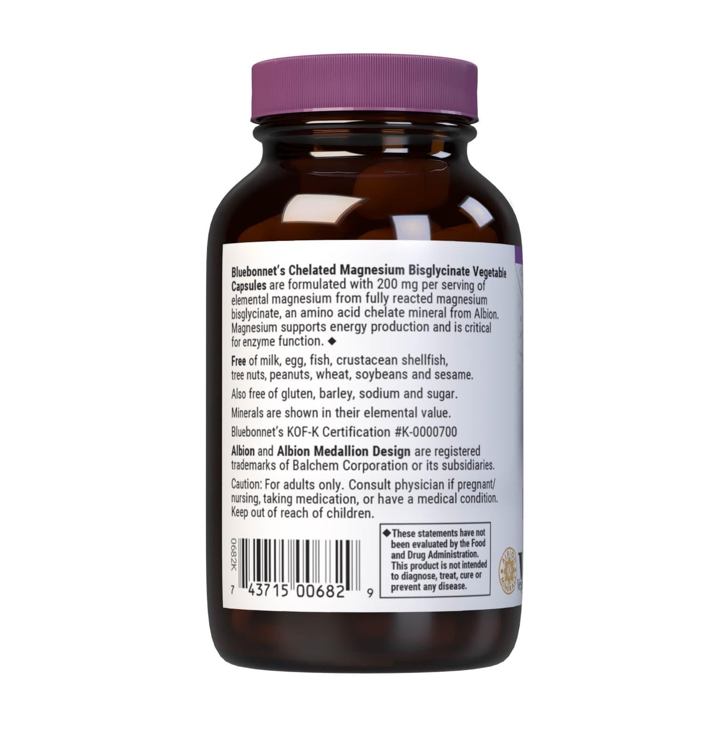 Bluebonnet Albion Chelated Magnesium 200 mg | 60 Veggie Capsules (Pack of 2) โ Stress Relief, Vegan, Gluten Free
