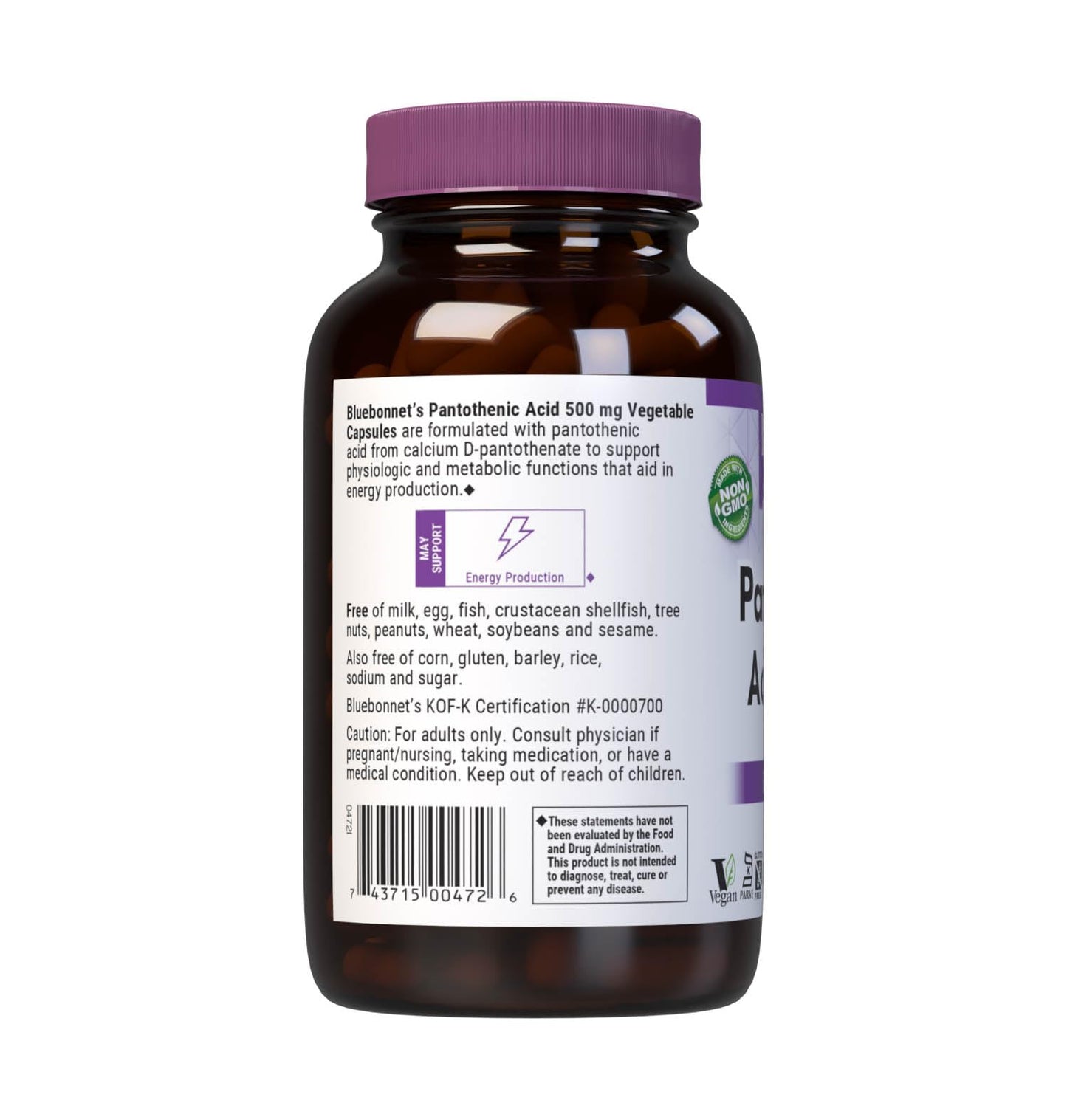 Bluebonnet Pantothenic Acid 500 mg Vegetable Capsules โ 180 Count