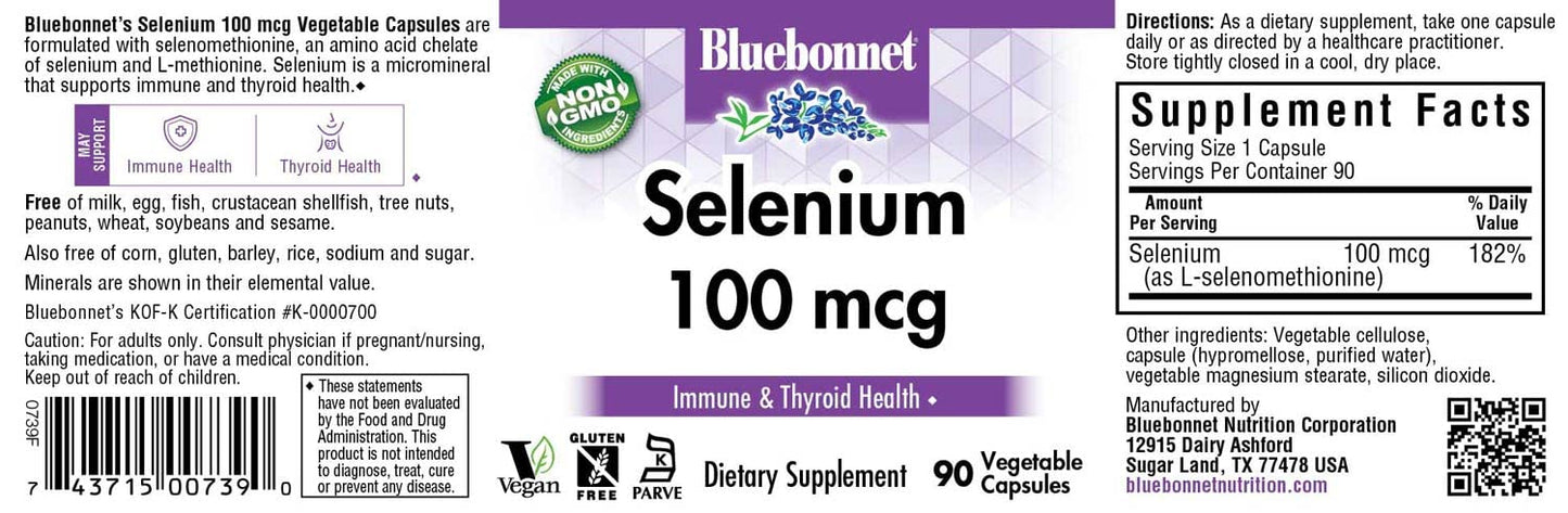 Bluebonnet Selenium 100mcg Capsules (L-selenomethionine) โ Vegan, Non-GMO, Gluten-Free