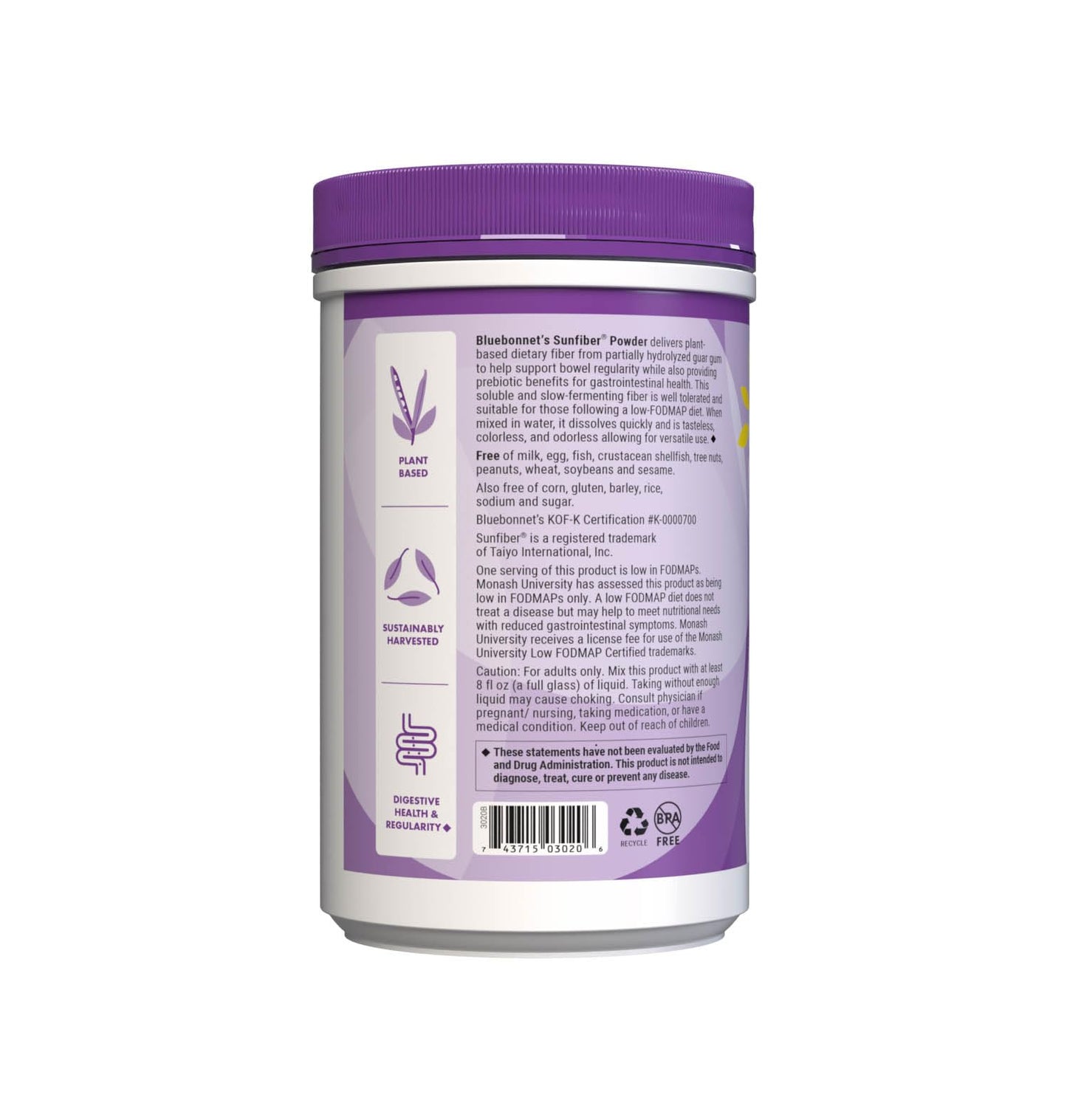 BlueBonnet Nutrition Sunfiber β 6 g Plant-Based Prebiotic Soluble Fiber β Supports Digestive Health* - Instant Dissolve β Non-GMO, Vegan, Kosher, Low-FODMAP β Unflavored, 7.4 OZ, 30 Servings