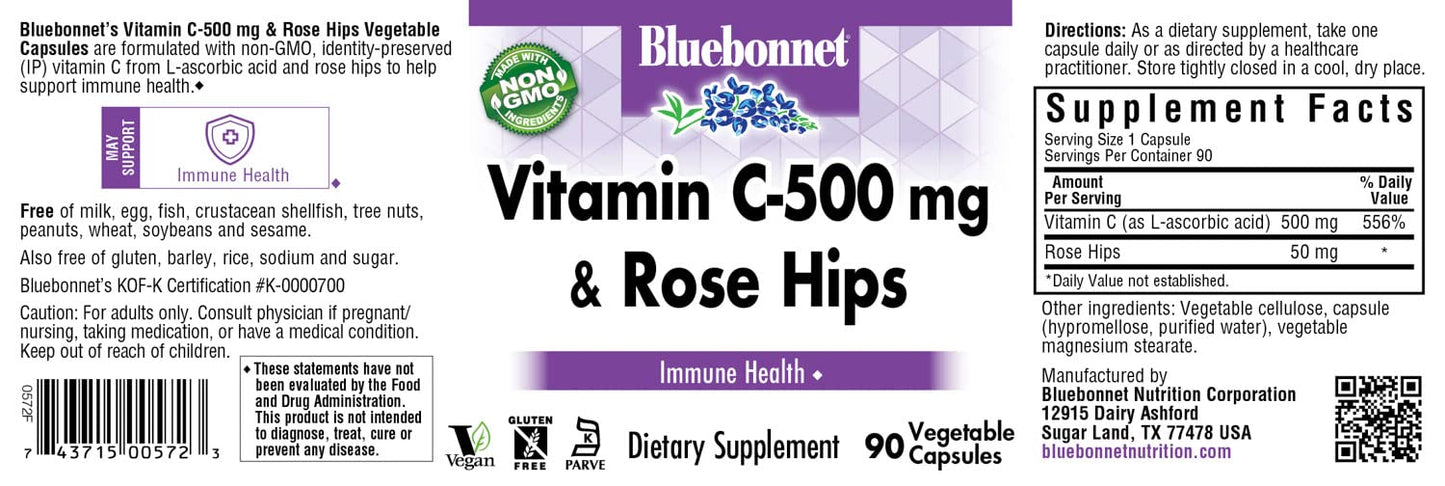 Bluebonnet Vitamin C-500 mg with Rose Hips โ Immune Support, 90 Veg Capsules