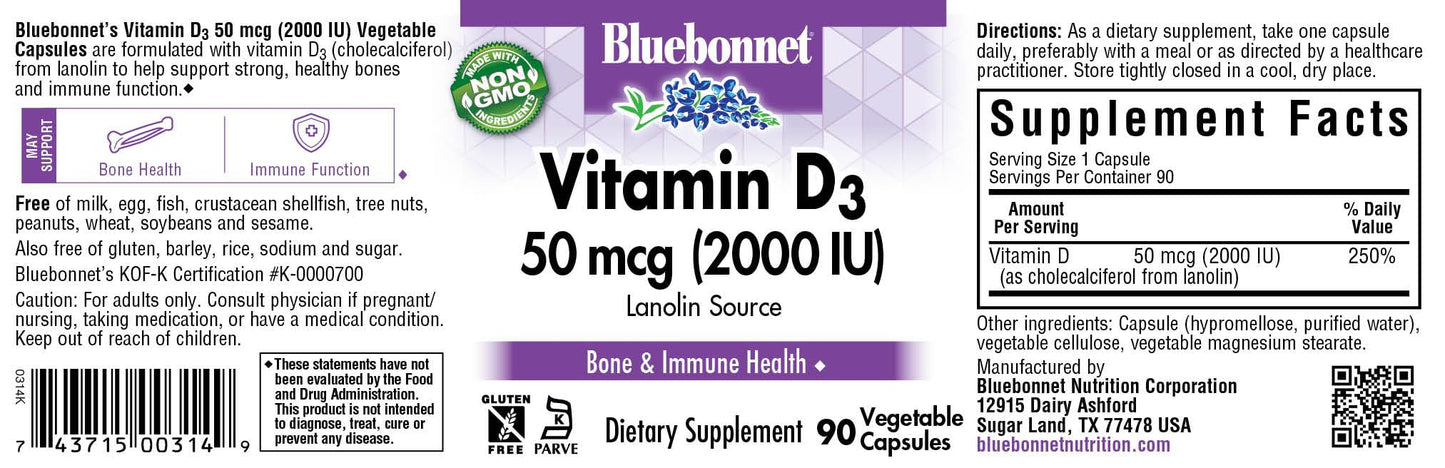 BlueBonnet Vitamin D3 2000 IU Vegetable Capsules โ 90 Count