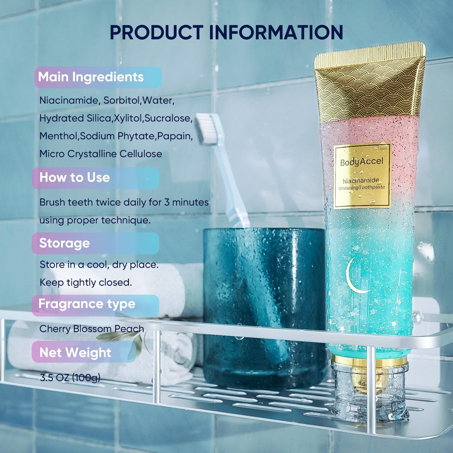 BodyAccel Niacinamide Toothpaste โ Whitening, Fluoride-Free, Peach Flavor