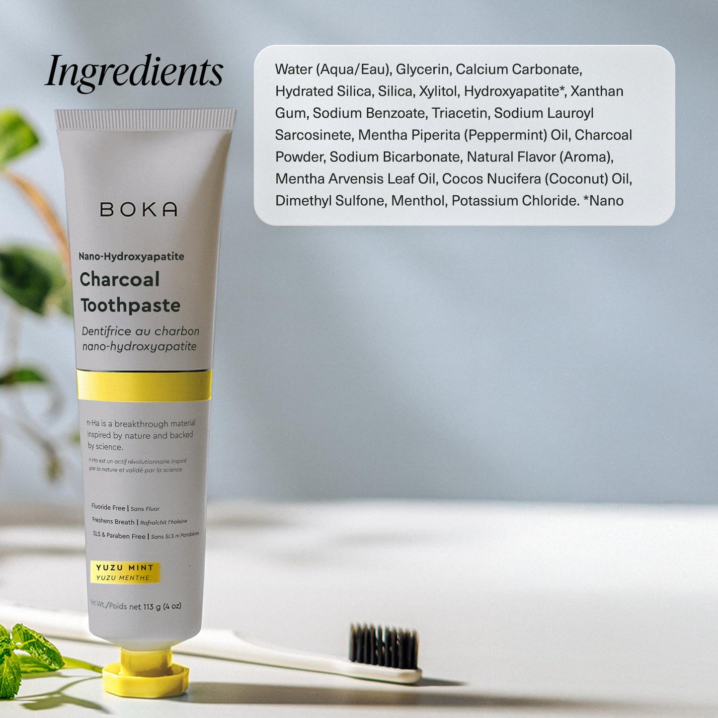 Boka Fluoride Free Toothpaste with Nano-Hydroxyapatite β Charcoal Yuzu Mint, 4 oz 3-Pack