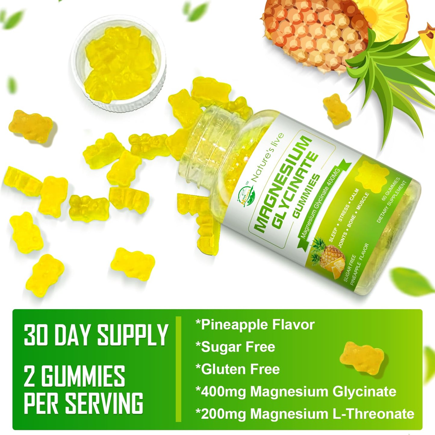 Sugar Free Magnesium Glycinate Gummies β 400mg Glycinate + 200mg L-Threonate, 60 Gummies