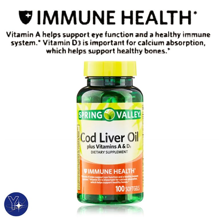 Cod Liver Oil with Vitamins A & D3 Immunity Softgels โ Spring Valley 100 Count + YOLOMOLO Bookmark Gift