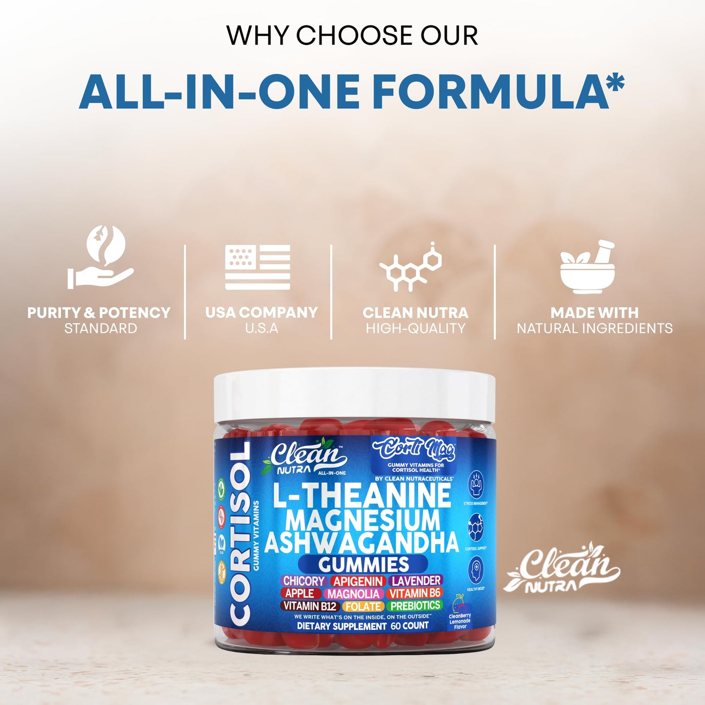 Clean Nutra Cortisol Gummies โ L-Theanine, Magnesium & Ashwagandha