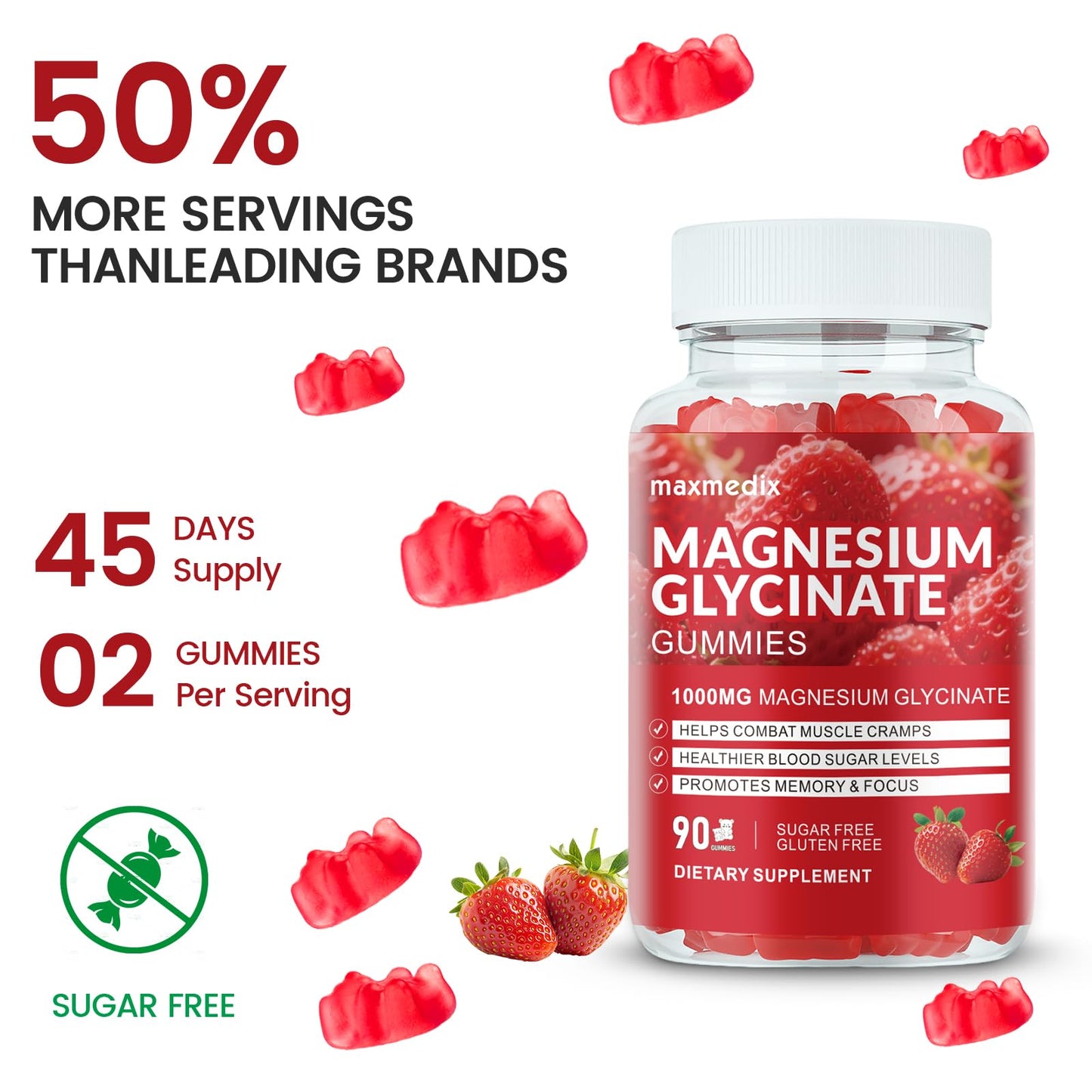 Magnesium Glycinate Gummies 1000mg โ Sugar Free Sleep Support | 90 Strawberry Gummies