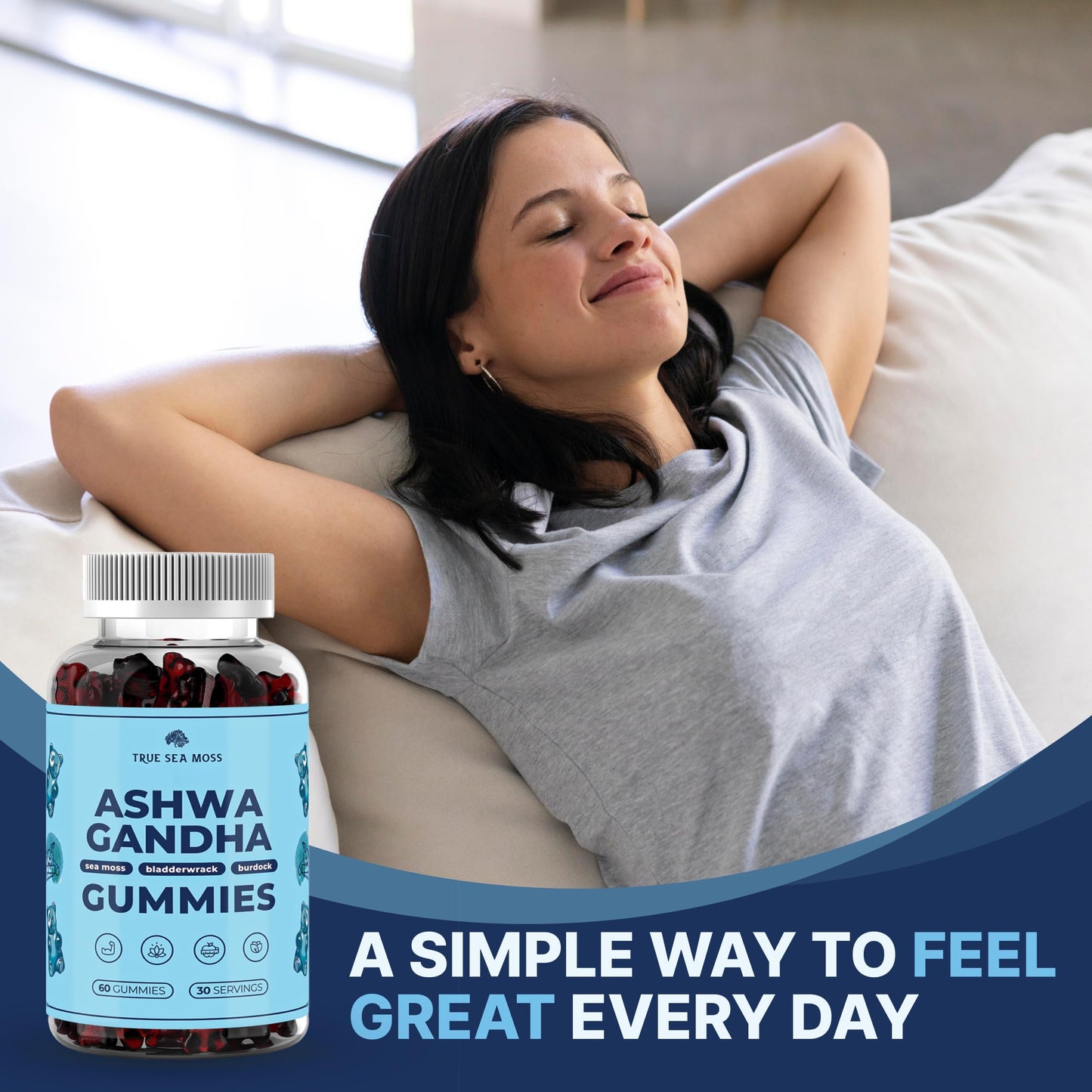 TrueSeaMoss Sea Moss Gummies with Ashwagandha โ 1200mg/Serving, Vegan, Non-GMO, Made in USA, 60 Gummies