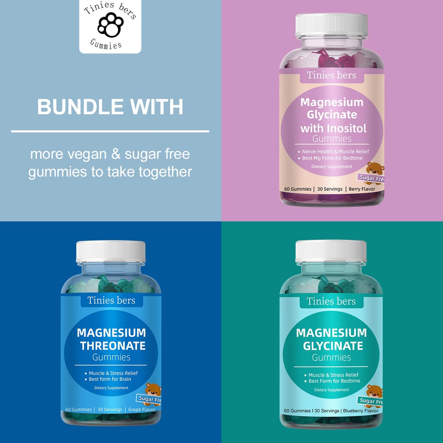 Magnesium Glycinate Gummies 400mg + Inositol 500mg for Women โ Sleep & Stress Support, Sugar Free, Gluten Free, Vegan | 60 Gummies