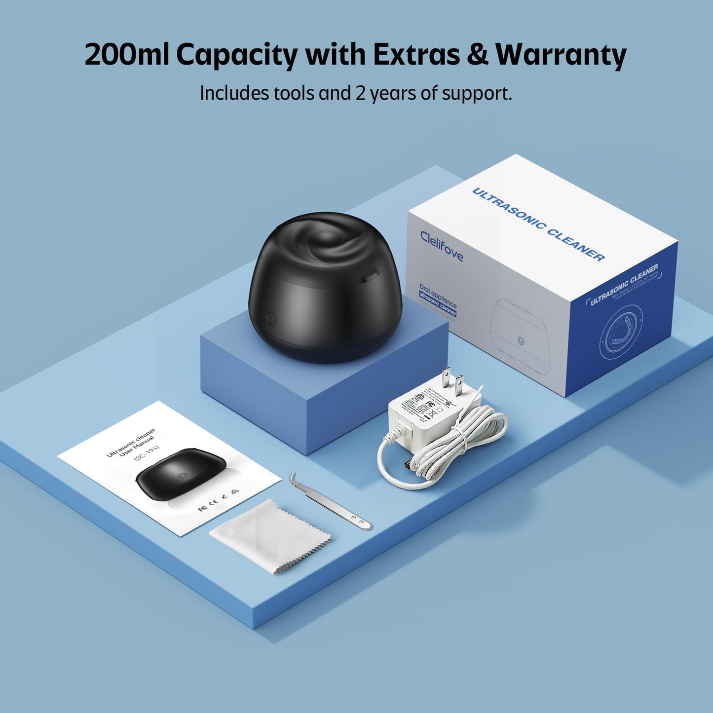 Ultrasonic Retainer Cleaner Machine 48kHz β 200ml Cleaning Pod (Black) for Aligners & Dentures