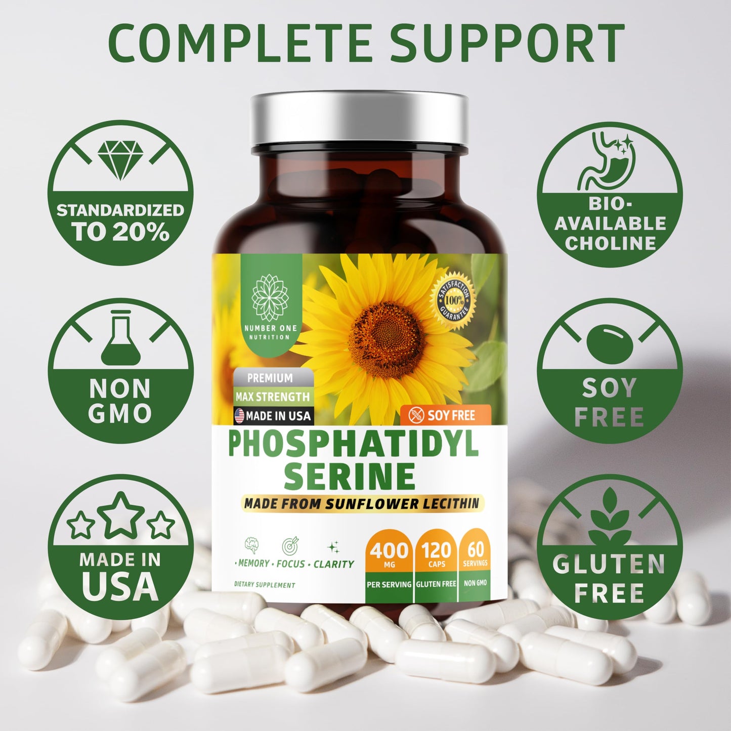 Number One Nutrition Phosphatidylserine 400mg โ Sunflower Lecithin, Soy Free, 120 Veg Caps