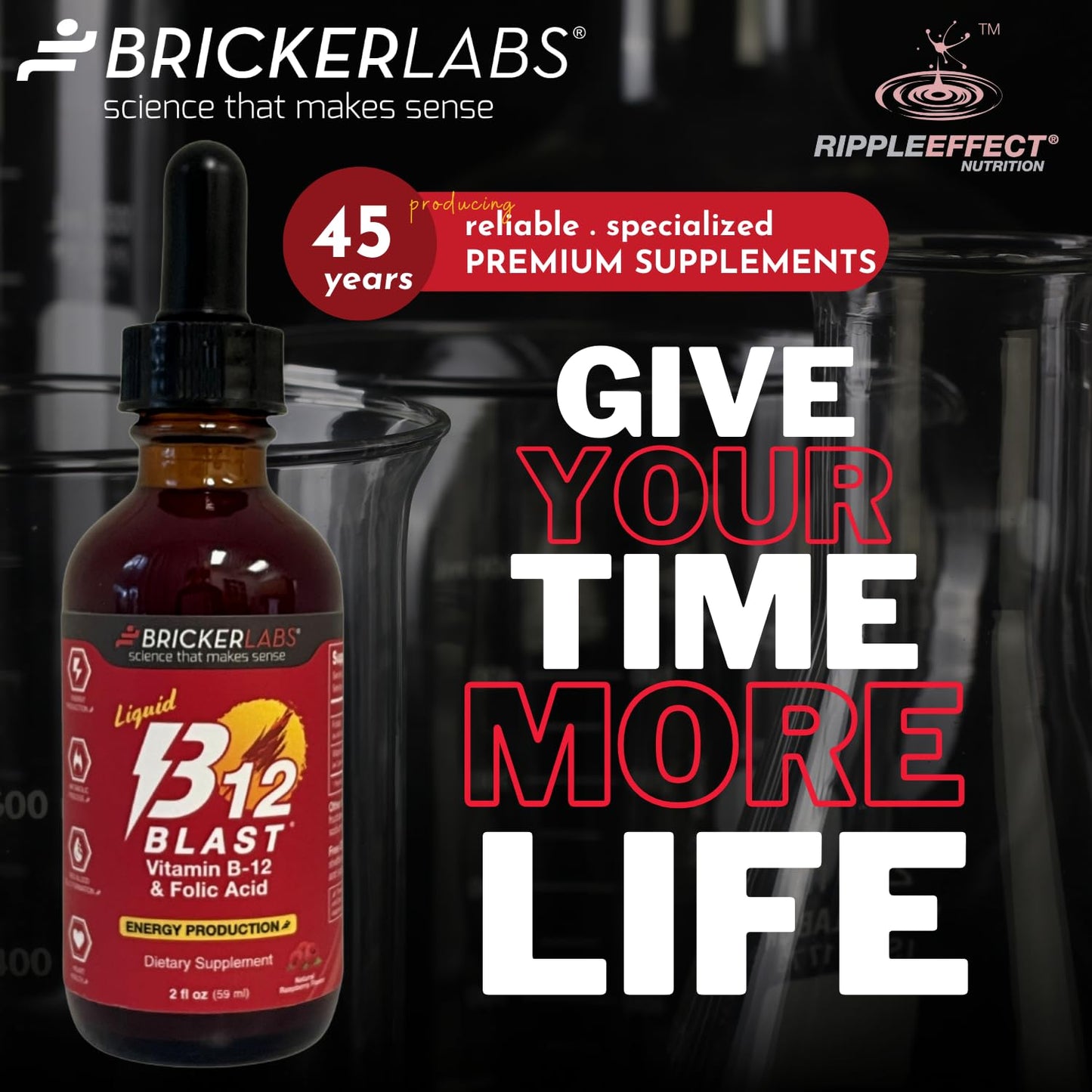 Bricker Labs B-12 Blast Liquid Vitamin B12 & Folic Acid โ Energy Support, Raspberry Flavor, 2 fl oz