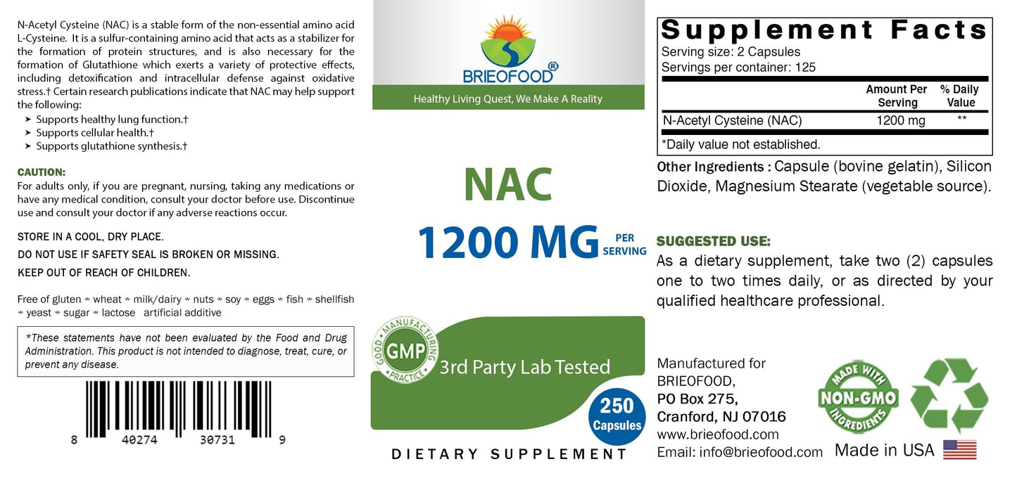 Brieofood NAC 1200 mg โ N-Acetyl Cysteine (250 Caps) | Immune Support
