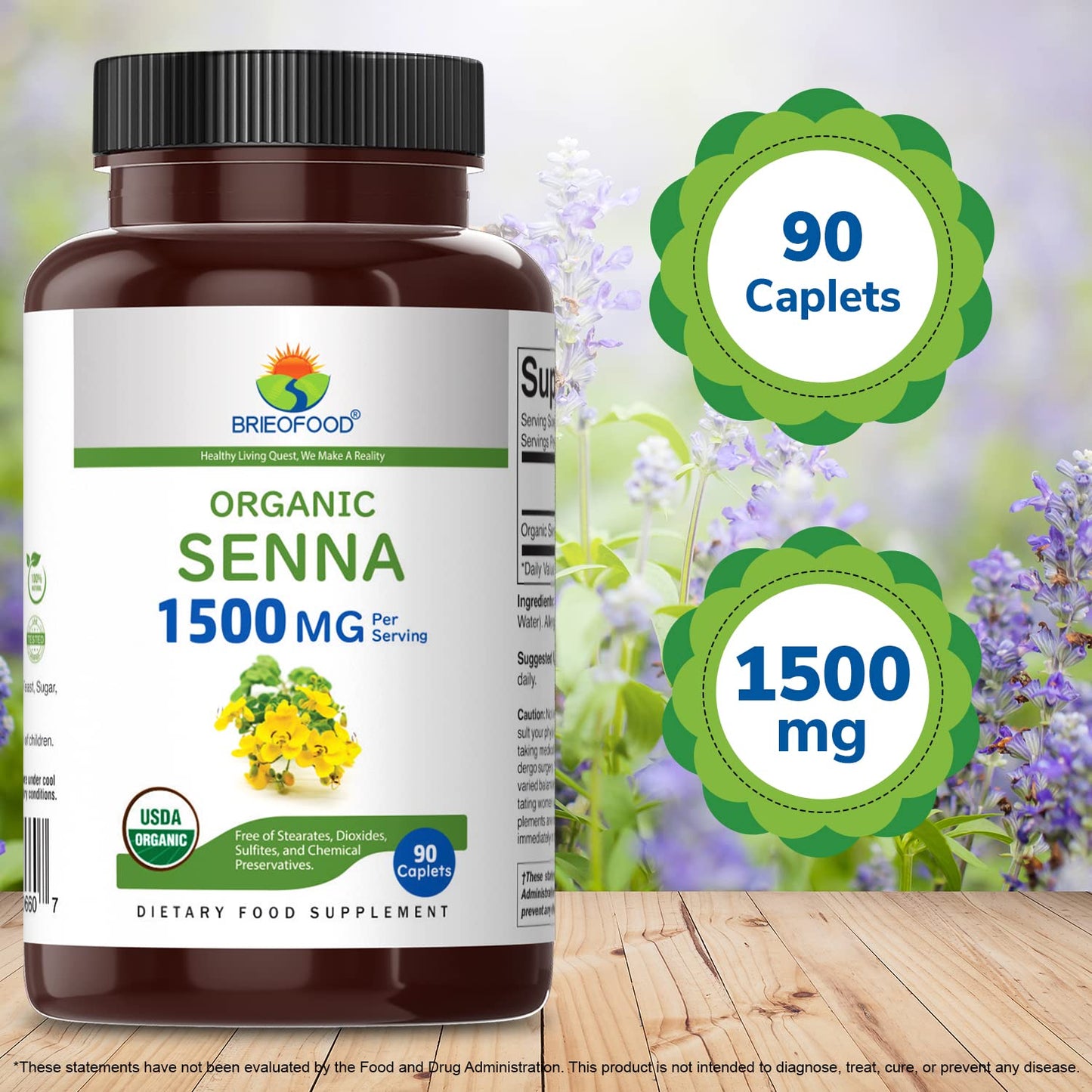 Brieofood Organic Senna 1500mg – 90 Vegetarian Tablets (45 Servings), Gluten Free
