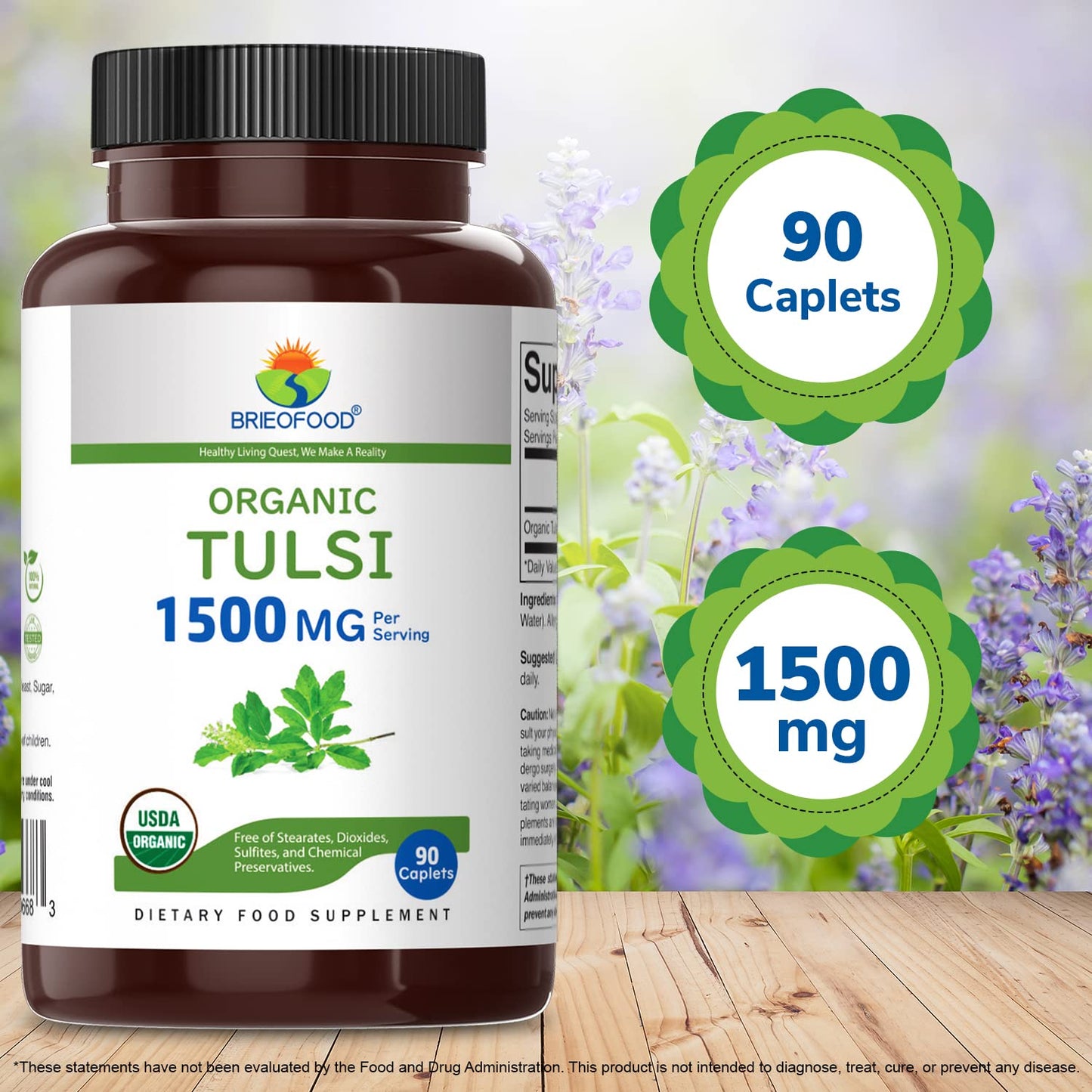 Brieofood Organic Tulsi 1500mg โ 90 Vegetarian Tablets | Gluten Free, 45 Servings