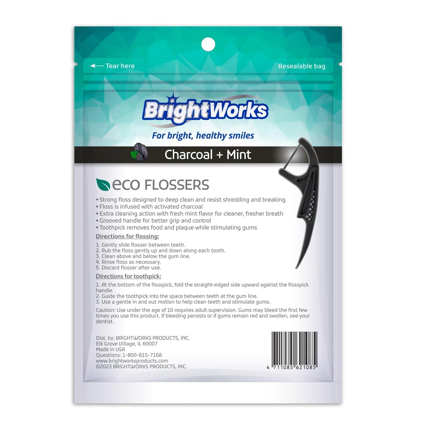 Brightworks ECO Sustainable Floss Picks - 225 Count - PFAS Free - Made in USA Charcoal + Mint Infused 100% Post-Consumer Recycled Plastic with Micro-Crystals for Oral Care Hygiene Gum Health