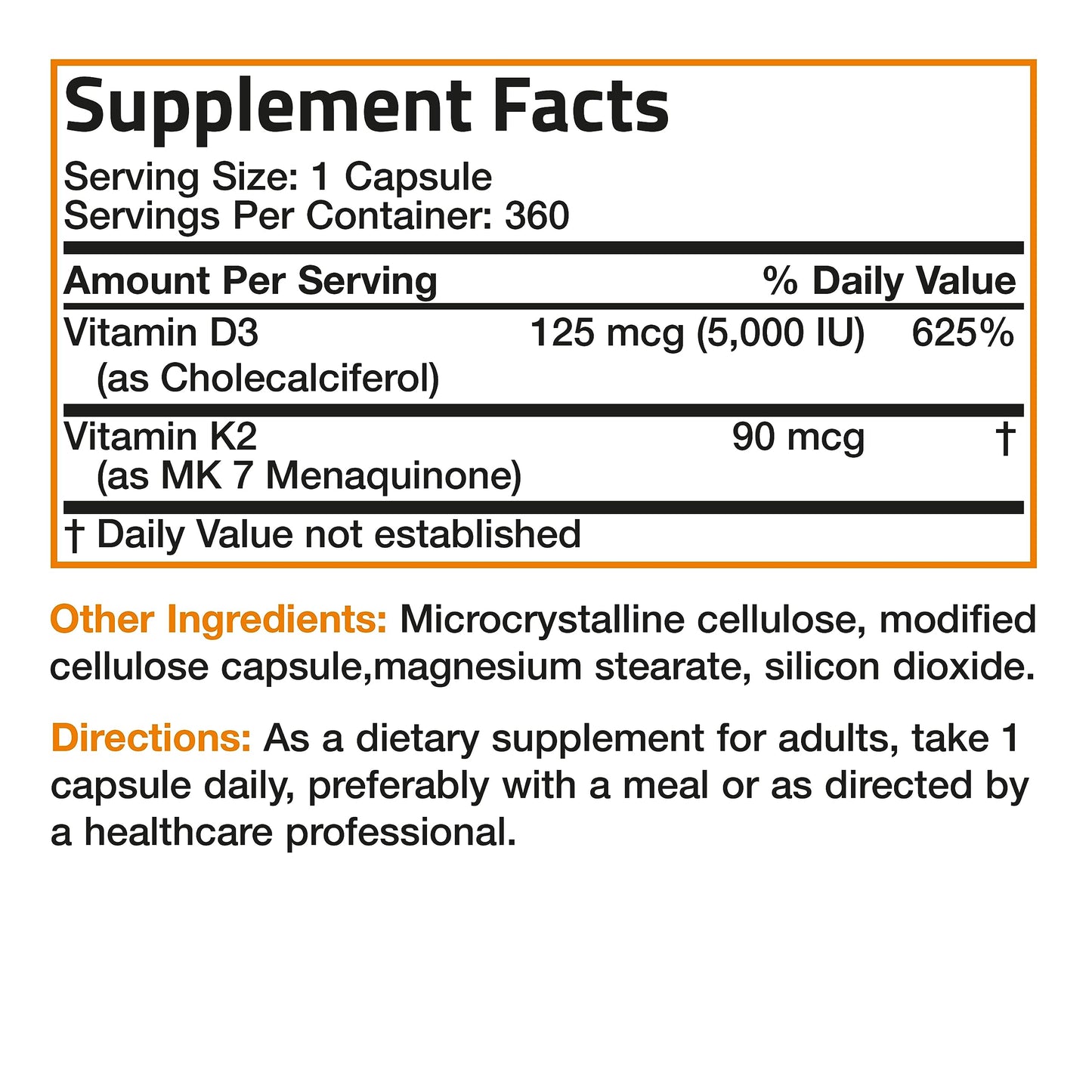 Bronson Vitamin K2 MK-7 with D3 โ Non-GMO, 360 Capsules, 5000 IU D3