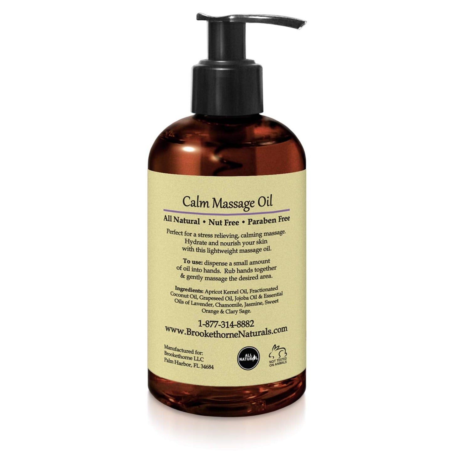 Calm Massage Oil with Lavender & Roman Chamomile โ All-Natural, Nut-Free, 8oz | Brookethorne Naturals