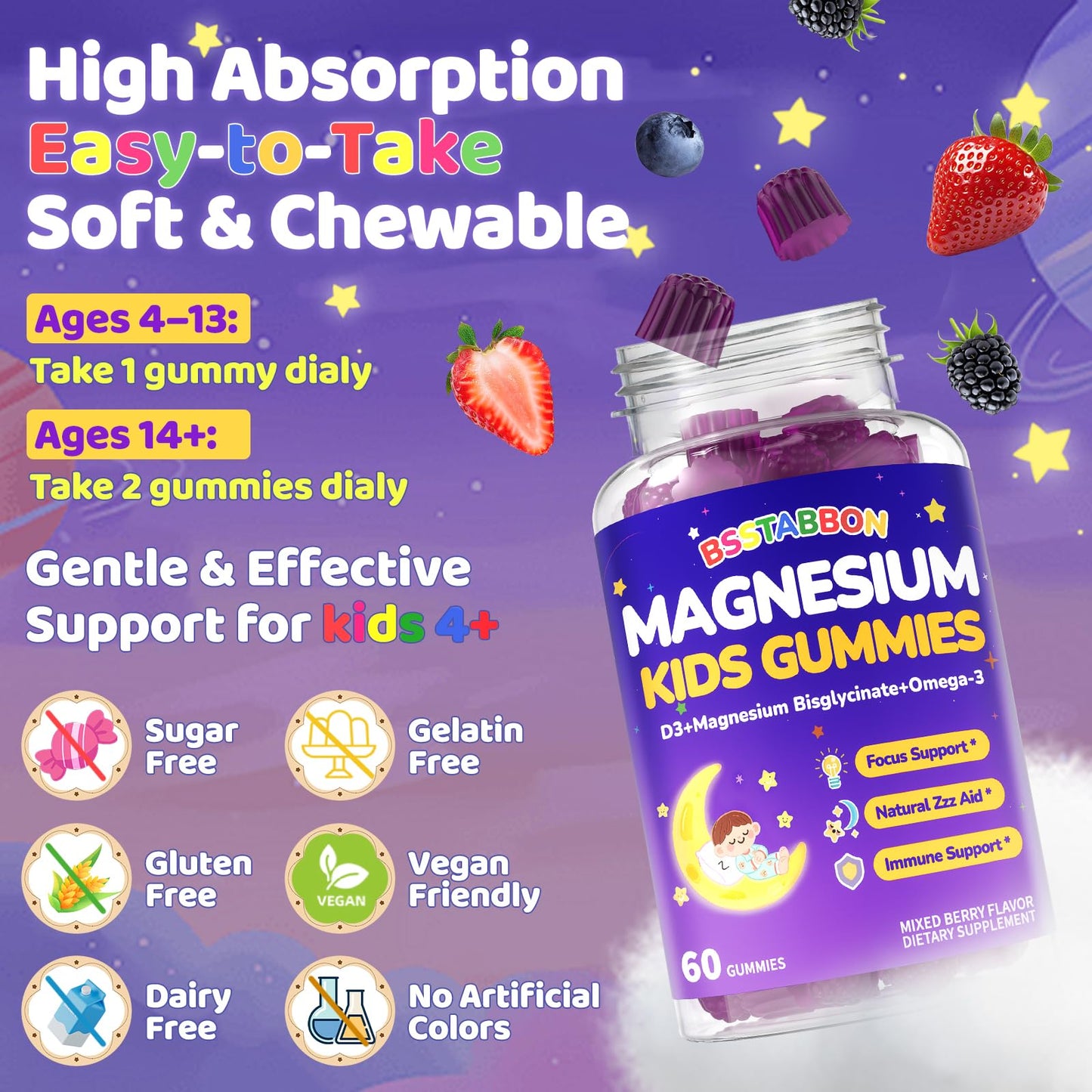 BSSTABBON Kid's Magnesium Glycinate Gummies โ Melatonin-Free, L-Theanine, B6 D3, Omega-3 (120 ct)