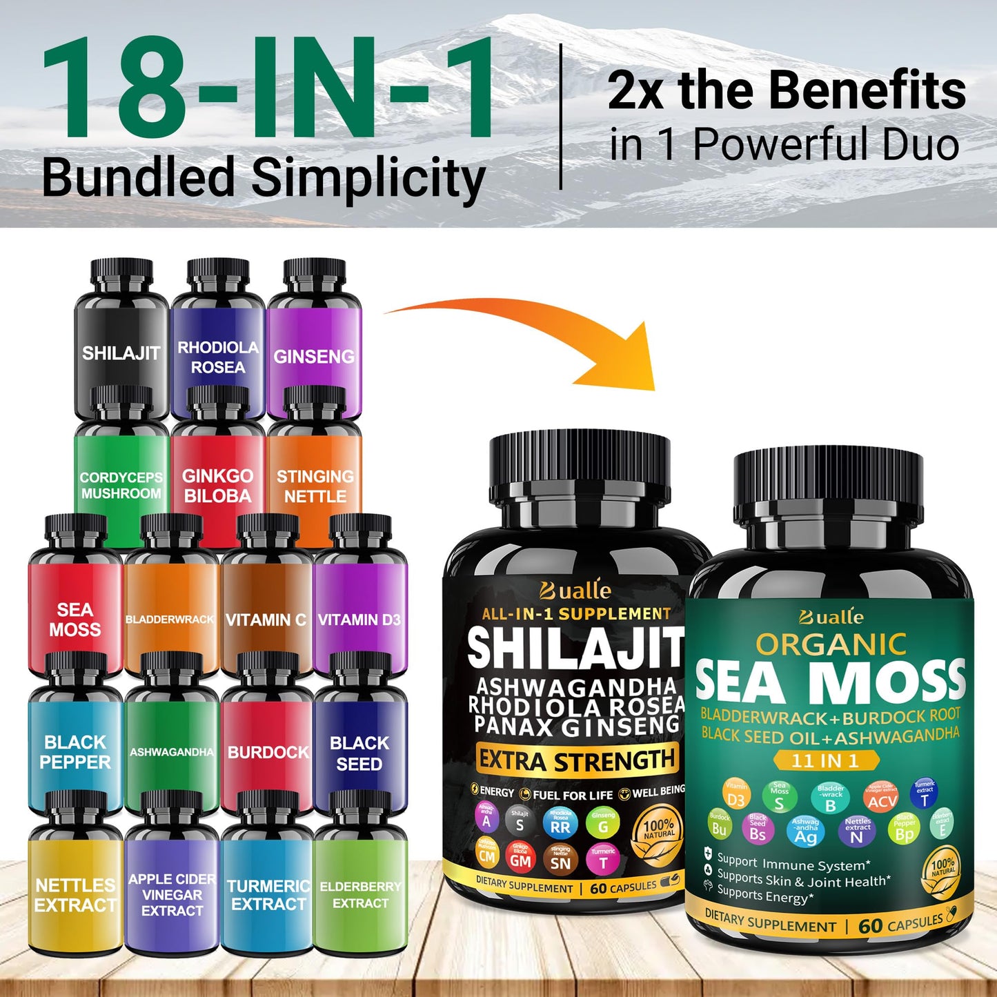 Bualle Organic Sea Moss for Women & Shilajit for Men β 12-in-1 Plant-Powered Wellness (120 Vegan Capsules)