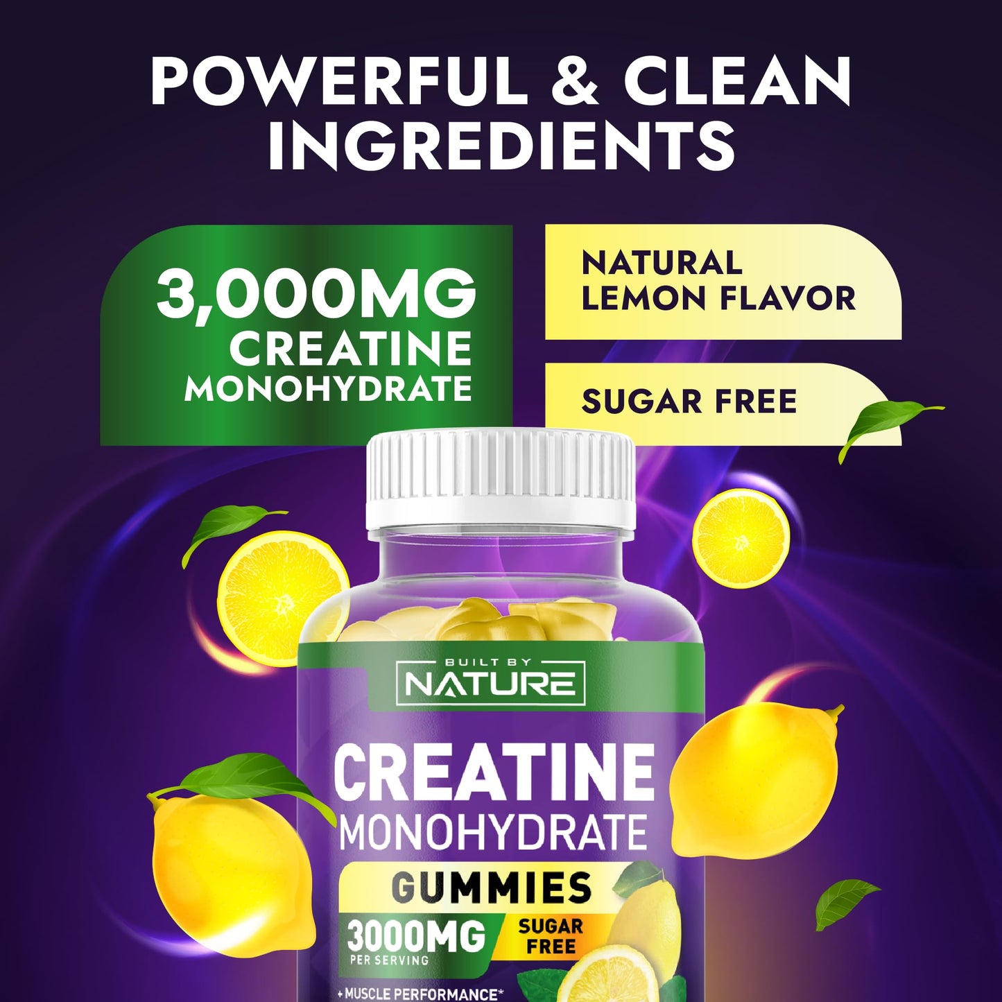 Built by Nature Sugar Free Creatine Monohydrate Gummies โ 120 Gummies | Lemon Pre-Workout for Men & Women