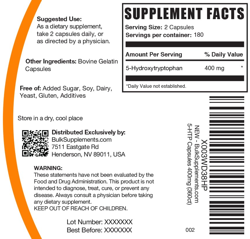 BulkSupplements.com 5-HTP Capsules 400mg โ Gluten Free, 360 Count