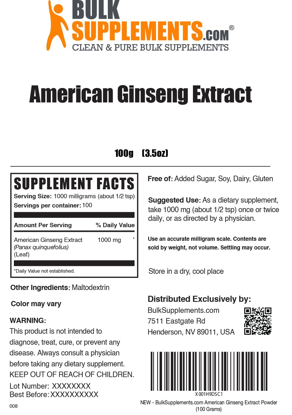 BulkSupplements.com American Ginseng Extract Powder โ Ginseng Supplement, Gluten Free, 100g (3.5 oz), Pack of 1