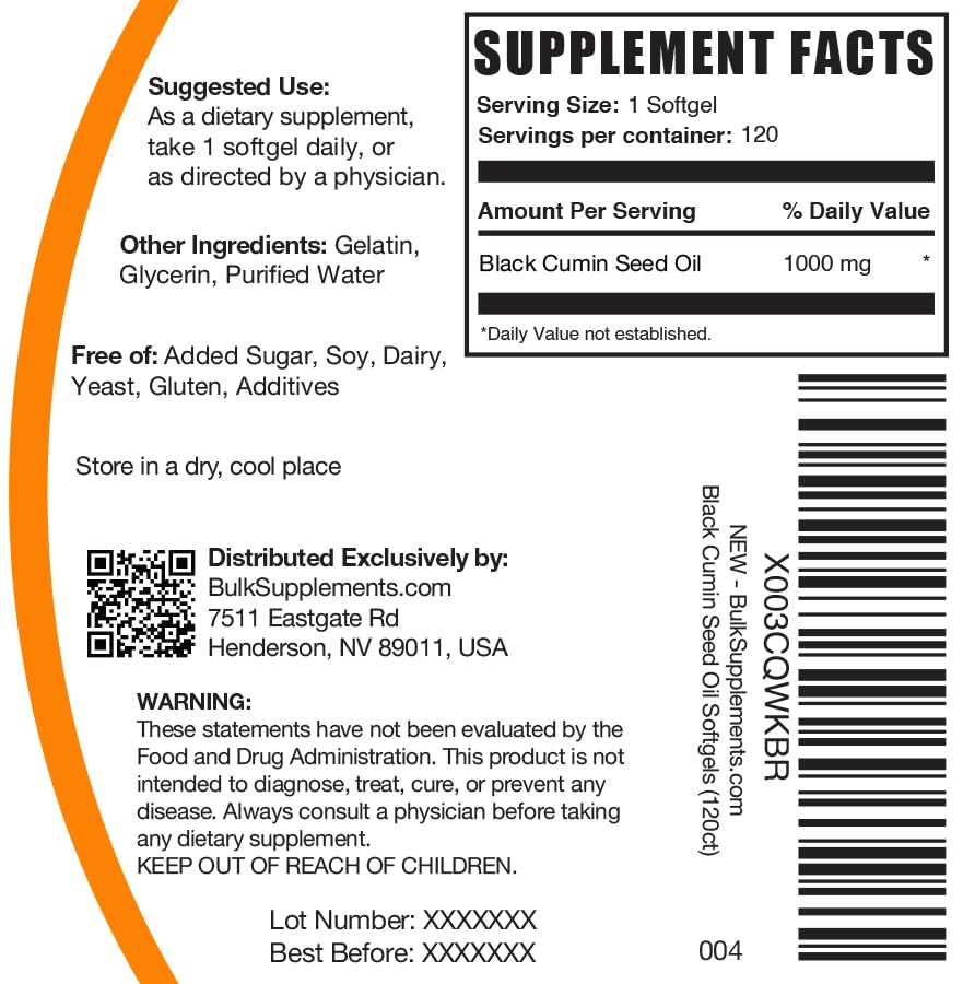 BulkSupplements Black Cumin Seed Oil Softgels 1000mg โ 120 Count (Gluten Free)