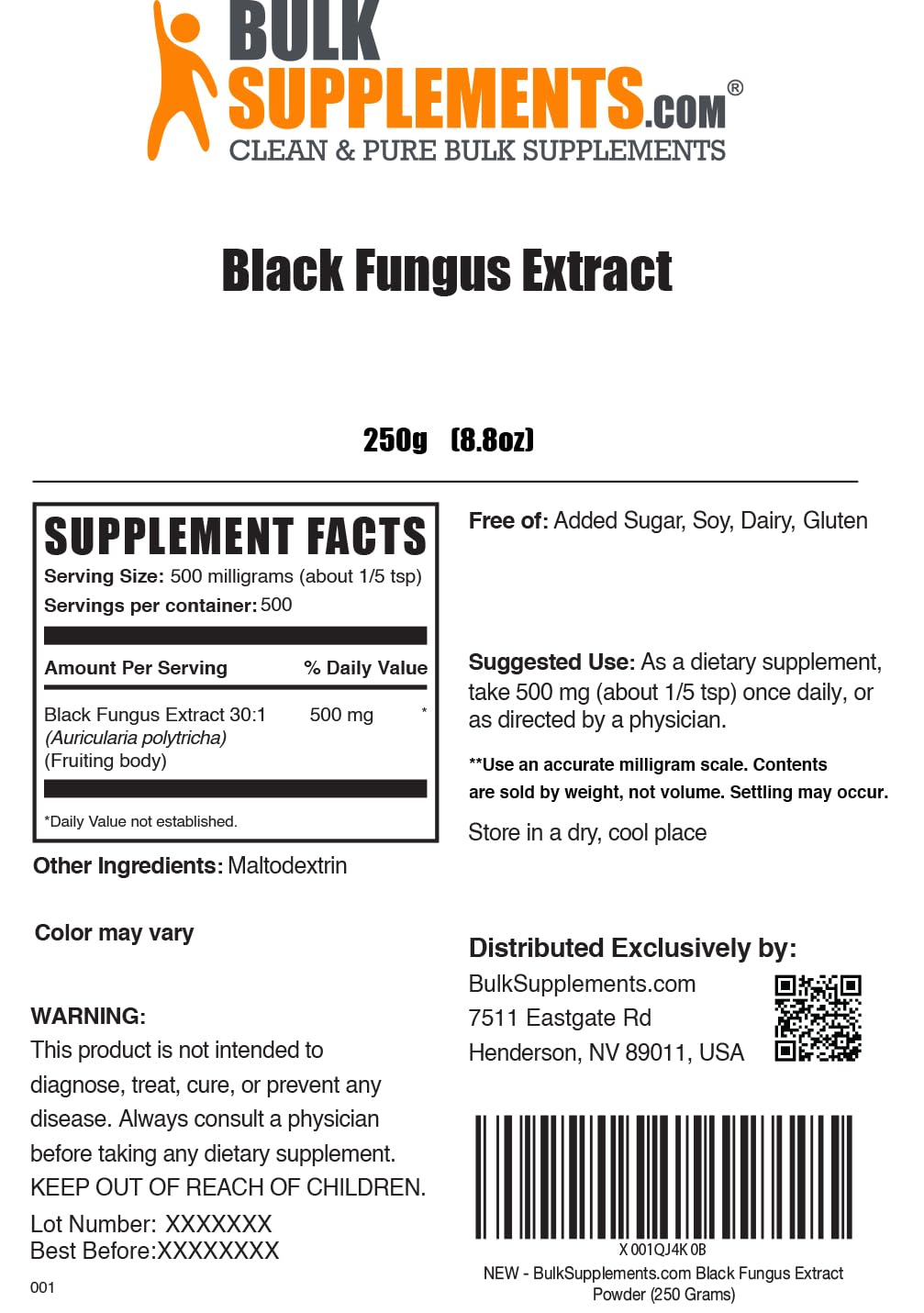 Black Fungus Mushroom Extract Powder (Wood Ear) โ 500 mg, 250 g | Vegan & Gluten-Free | BulkSupplements.com