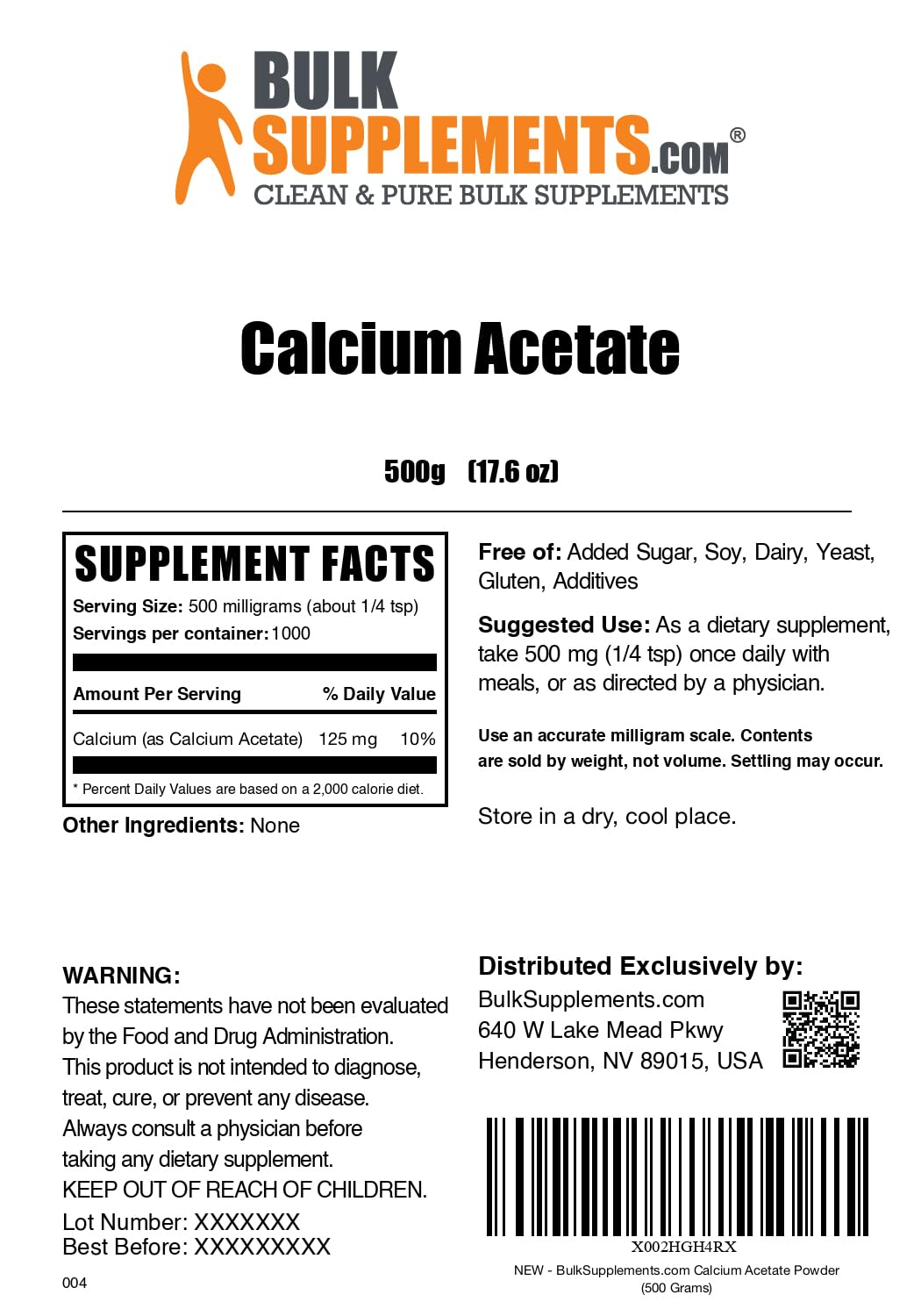 BulkSupplements Calcium Acetate Powder โ Calcium Supplement, Food Grade, Gluten Free, 500 mg per Serving, 500 g