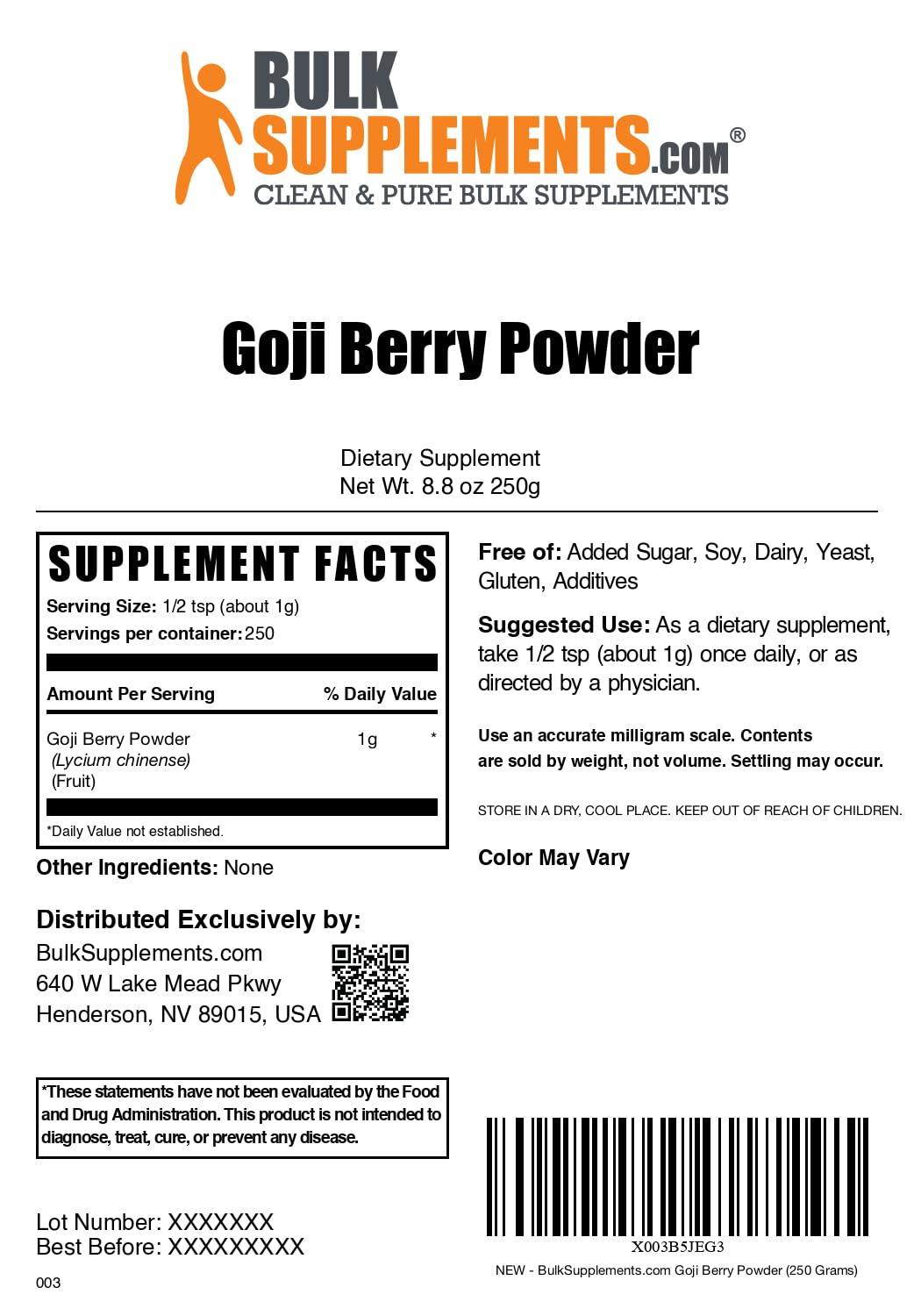 Wolfberry Extract Powder (Goji Berry) โ Vegan, Gluten Free, 250g | BulkSupplements