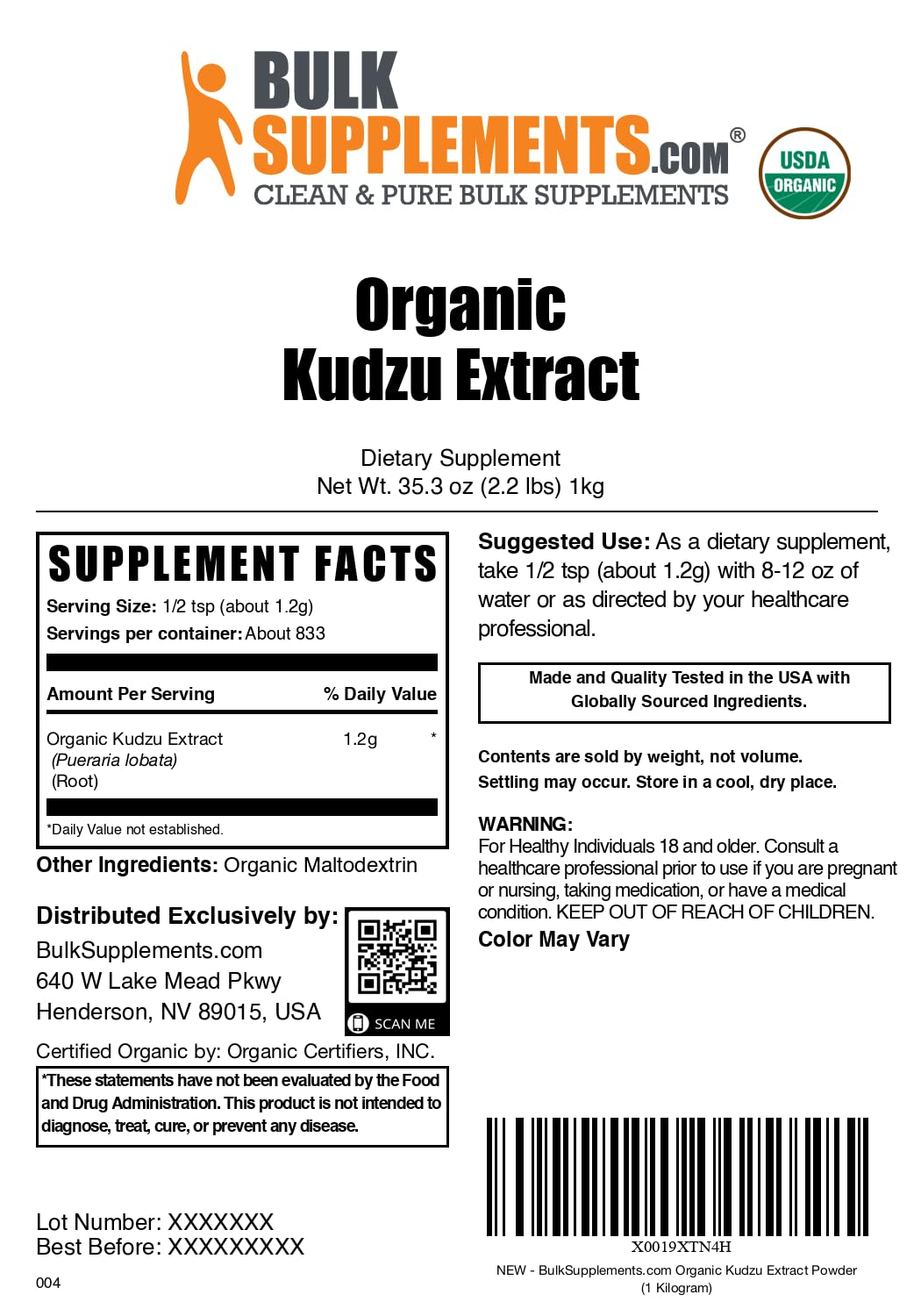 BulkSupplements.com Organic Kudzu Root Extract Powder โ Kudzu Root Herbal Supplement, Gluten Free, 1kg (Pack of 1)