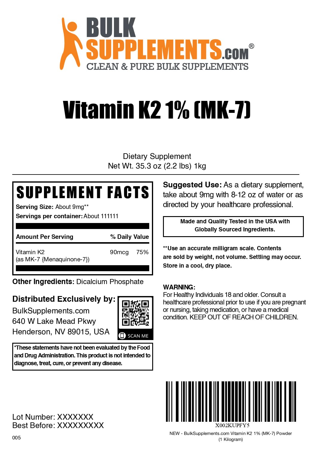 Vitamin K2 MK-7 Powder โ 9 mg/Serving, 1kg | Gluten Free
