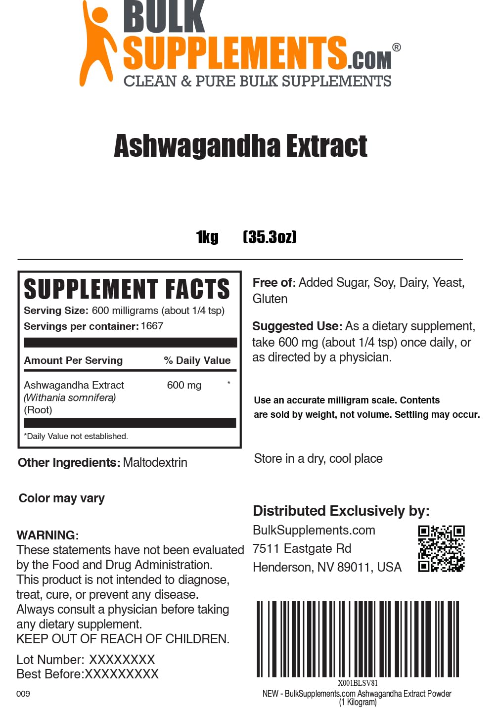 BulkSupplements Ashwagandha Root Extract Powder β 600 mg per Serving, 1 kg, Vegan & Gluten Free