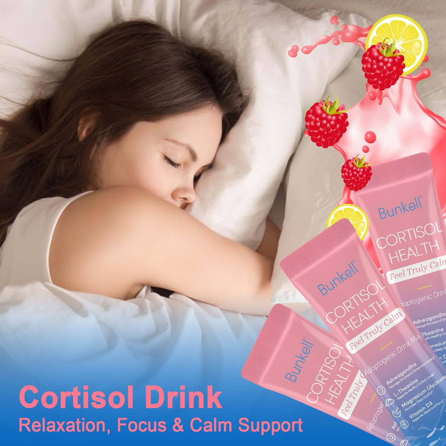Bunkell Cortisol Powdered Drink Mix โ Magnesium Glycinate, L-Theanine, Ashwagandha, Vitamin D3 (Raspberry Lemonade) 30 Ct