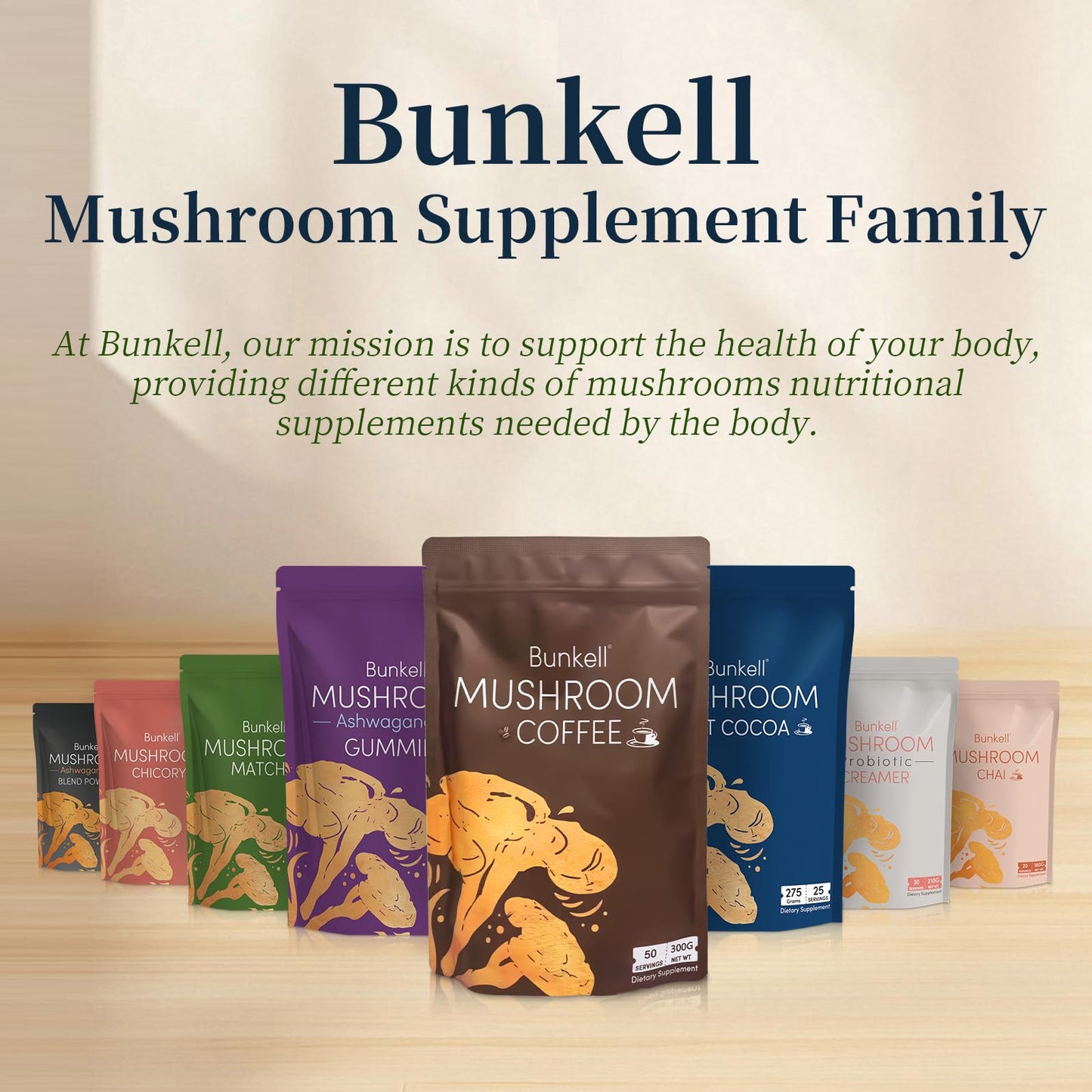 Bunkell Mushroom Coffee – Adaptogenic 6 Mushrooms (Lion's Mane, Reishi, Cordyceps, Shiitake, King Trumpet & Turkey Tail) – 40 Servings