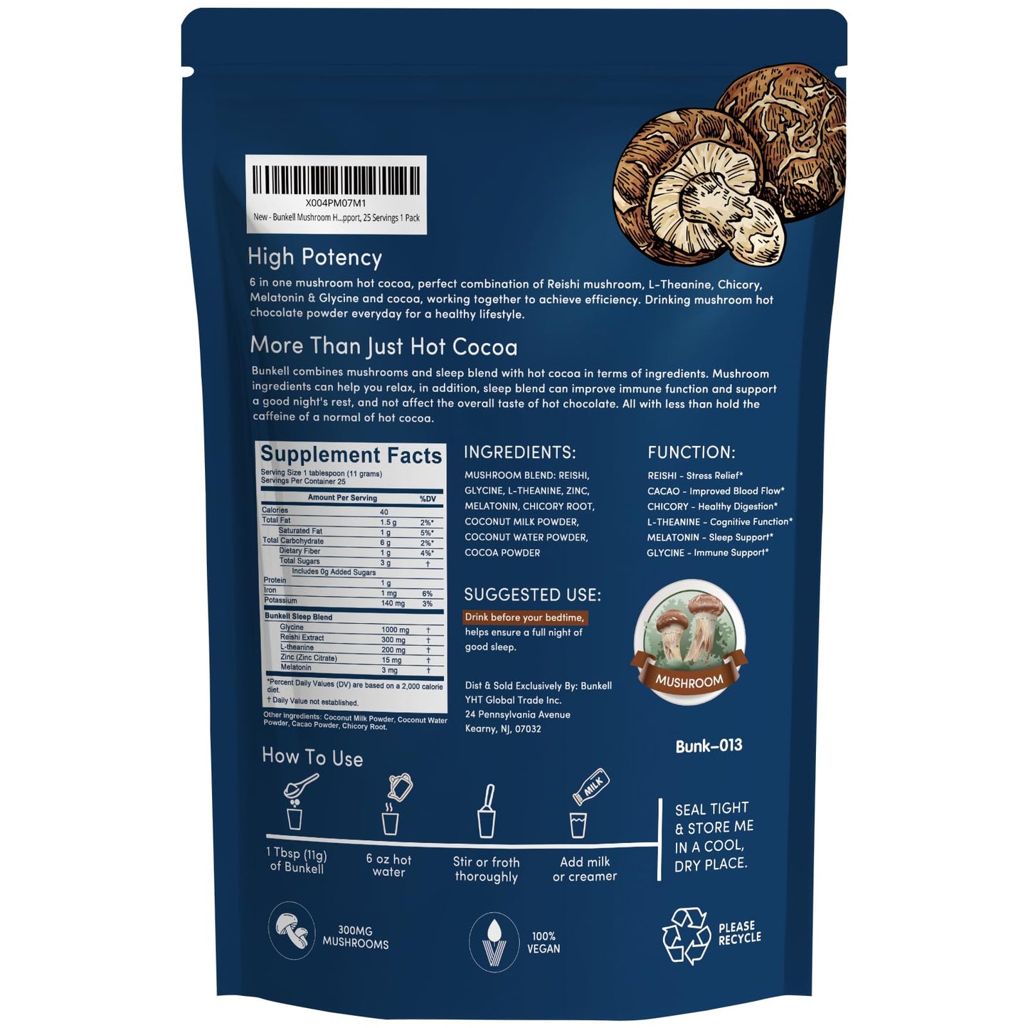 Bunkell Mushroom Hot Cocoa โ Adaptogenic Reishi, L-Theanine & Melatonin | Sleep Support, 25 Servings