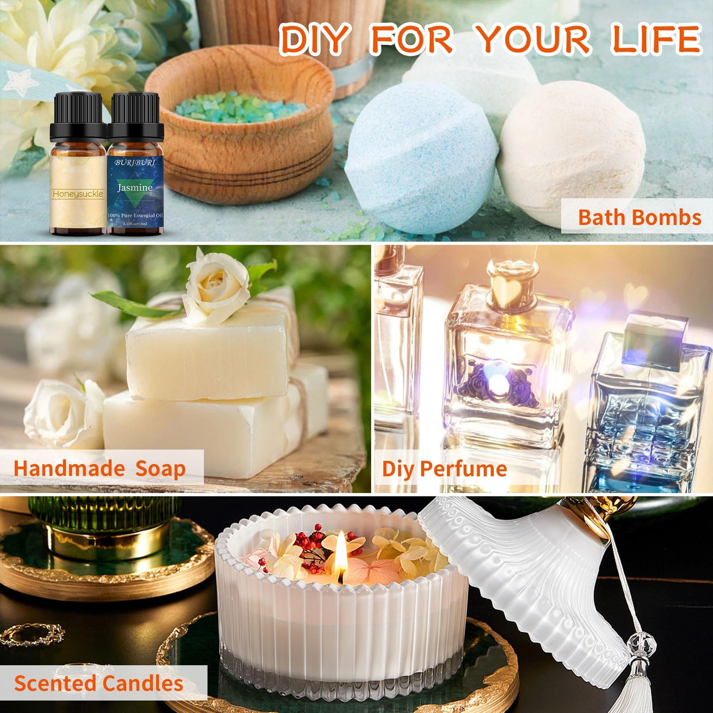 BURIBURI Honeysuckle & Jasmine Essential Oil Set – 2 Pack, 100% Pure Diffuser Oils